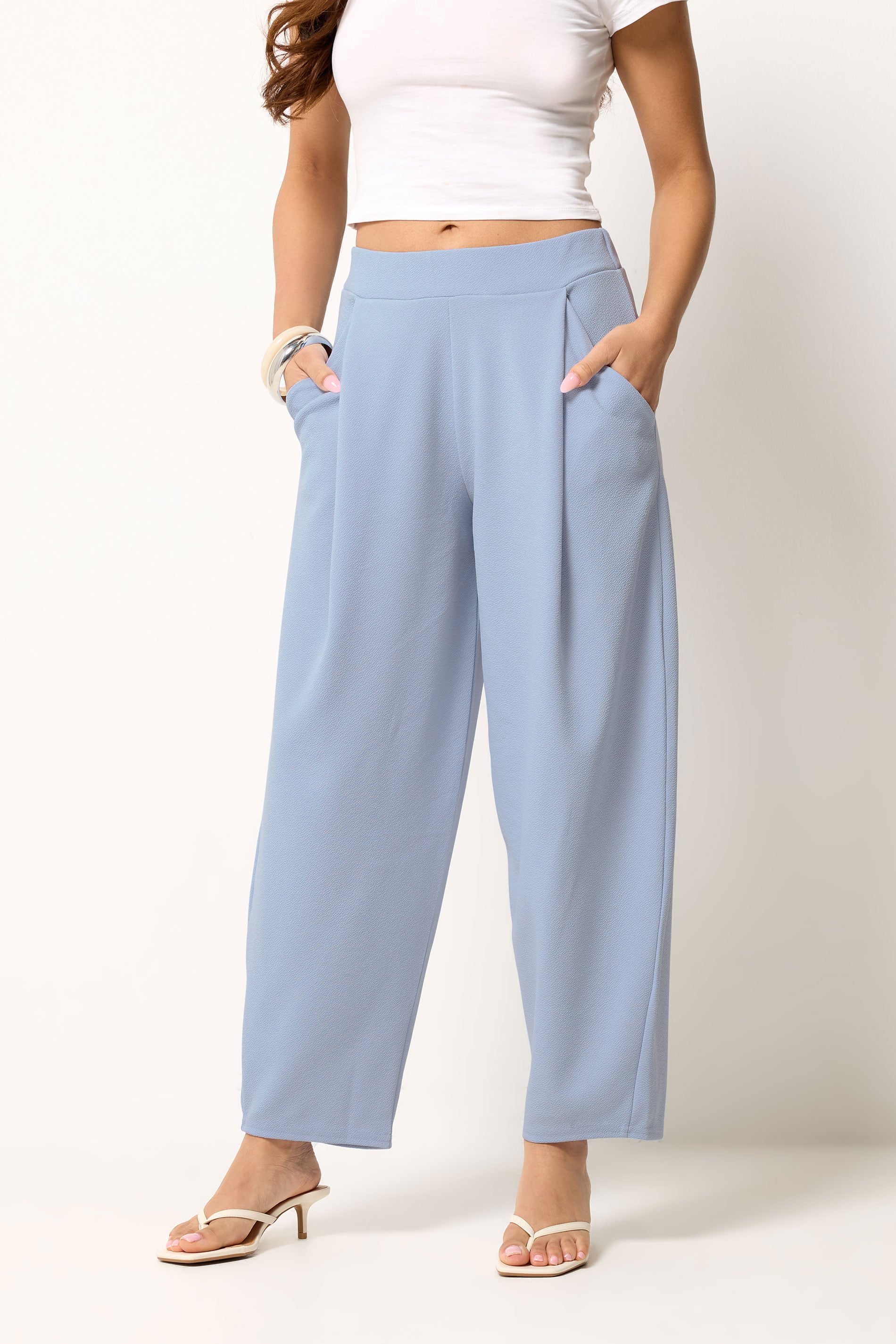 PixieGirl Petite Women's Blue Crinkle Barrel Leg Trousers | PixieGirl 1