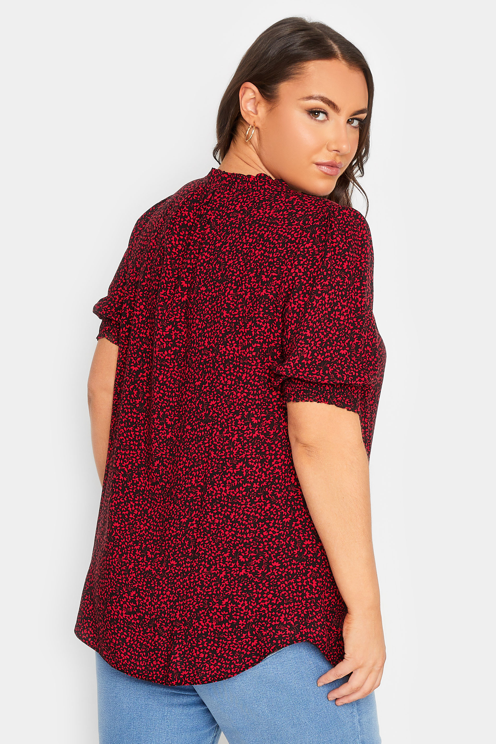 YOURS Plus Size Black & Red Floral Print Tie Neck Blouse | Yours Clothing 3