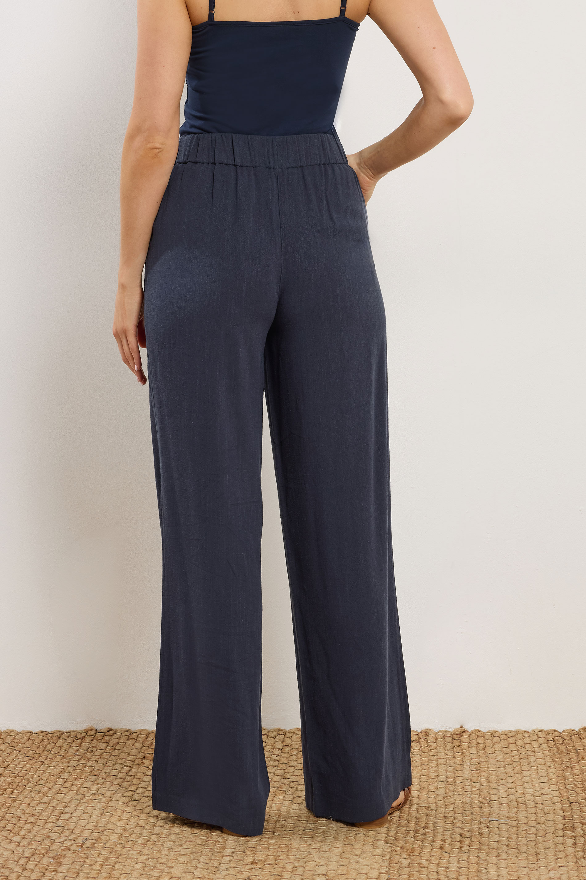 LTS Tall Women's Navy Blue Linen Pleated Wide Leg Trousers | Long Tall Sally 4