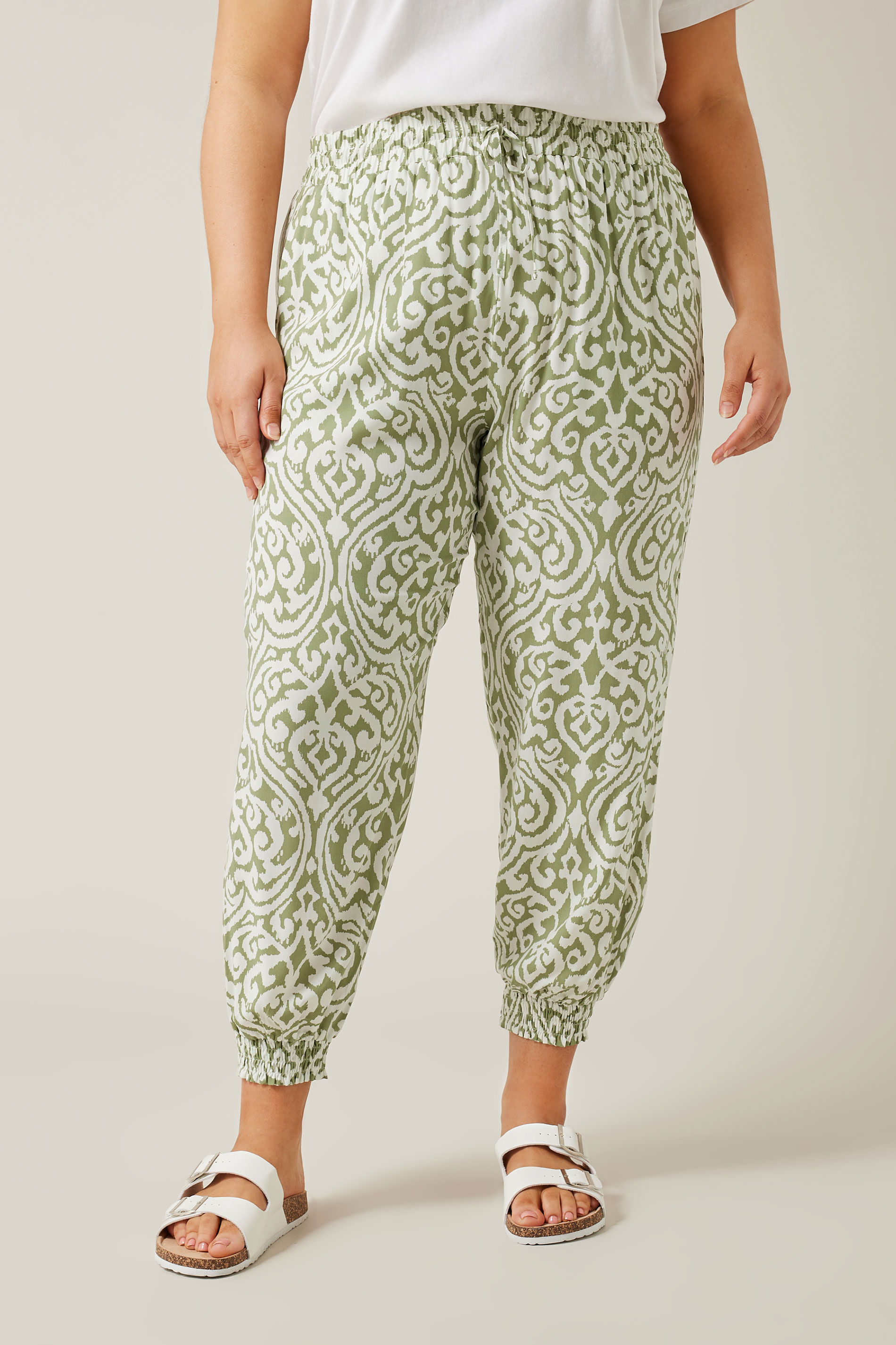 EVANS Plus Size Green Ikat Print Cuffed Harem Trousers | Evans  1