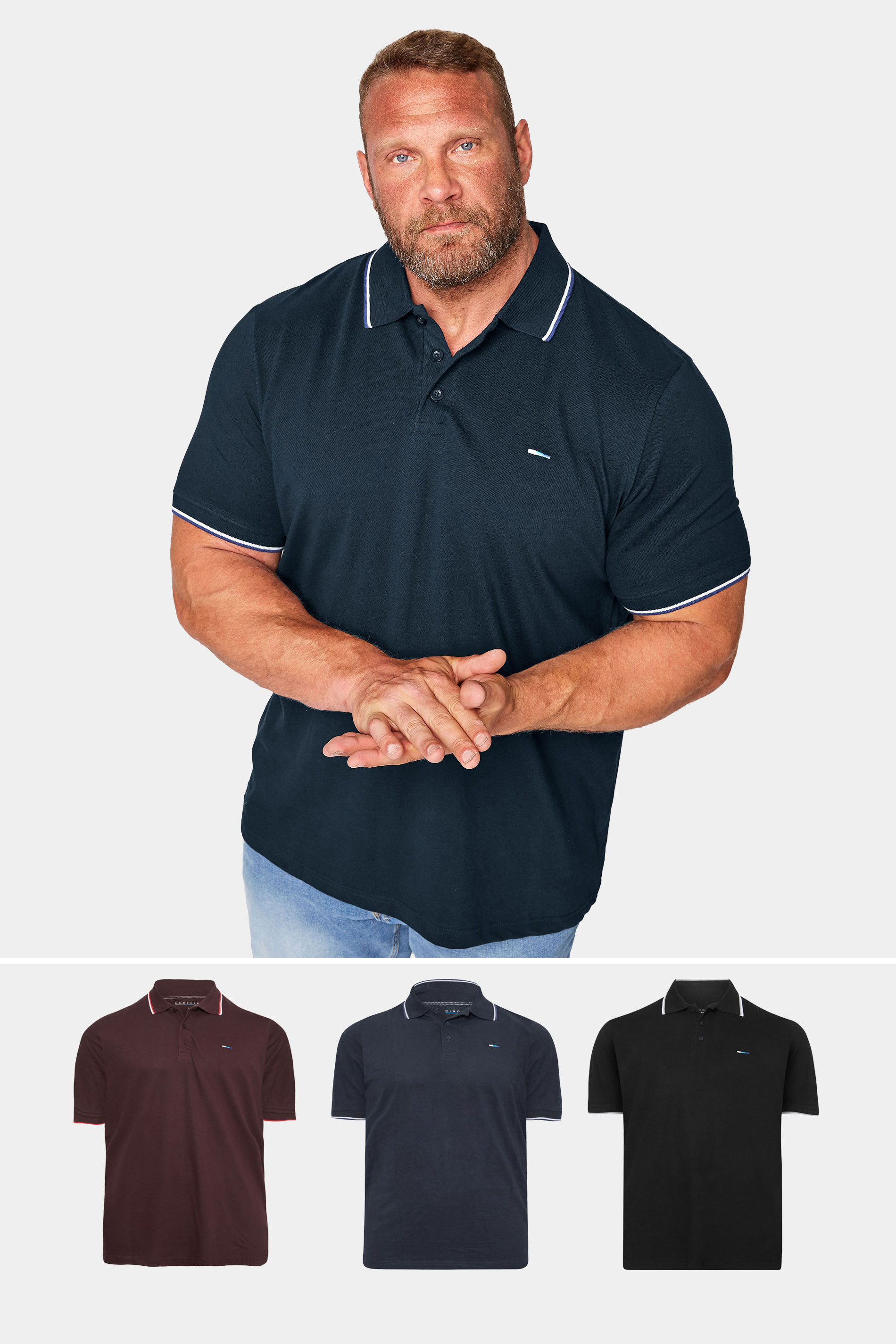 BadRhino Navy Blue 3 Pack Essential Tipped Polo Shirts | BadRhino 1