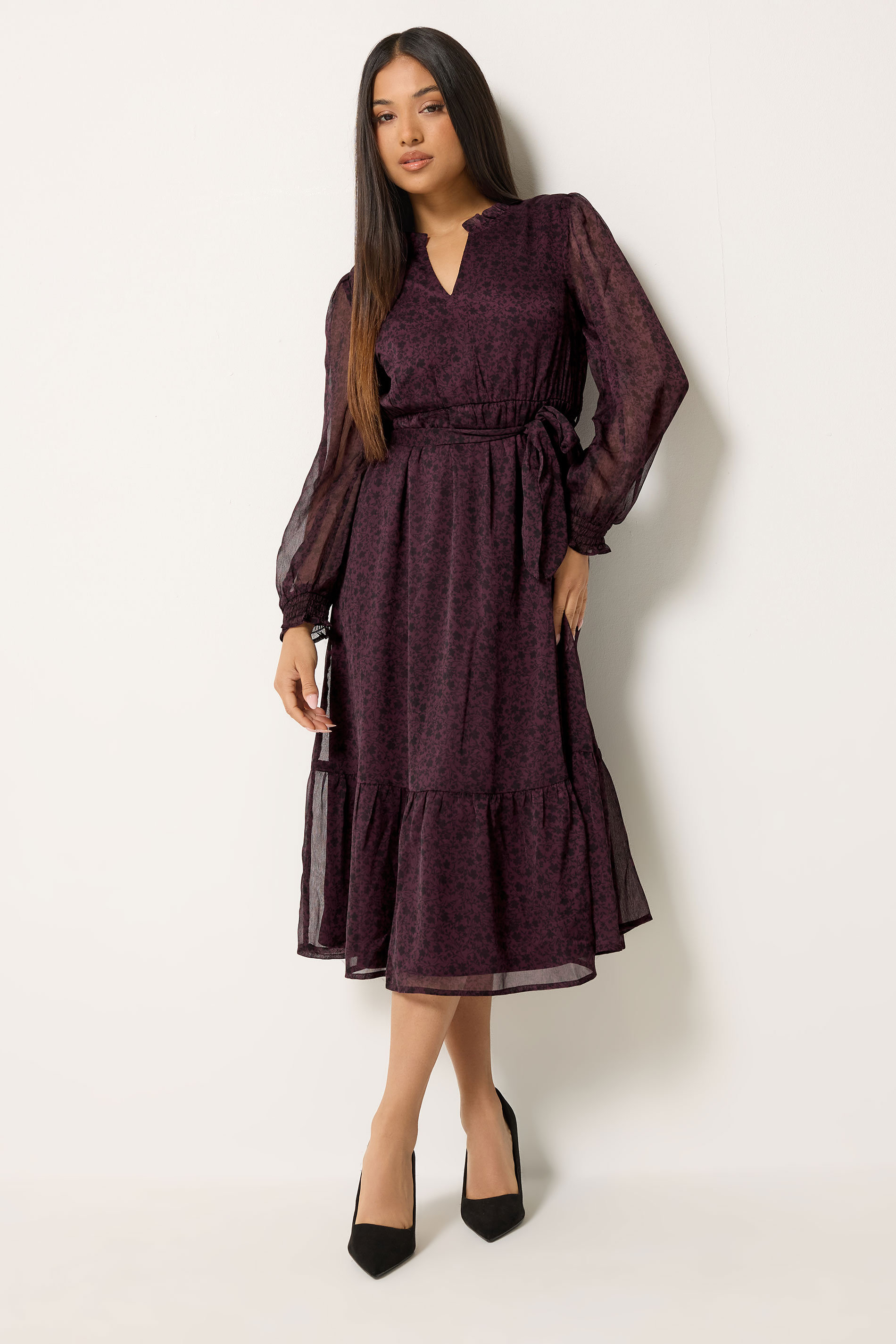 M&Co Petite Purple Ditsy Long Sleeve Midi Dress | M&Co  1
