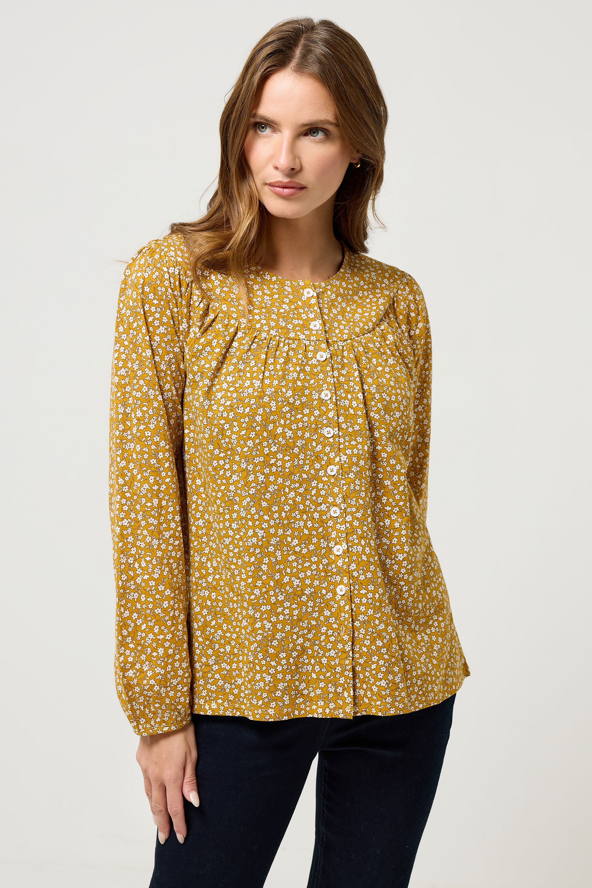 M&Co Mustard Yellow Floral Print Cotton Blouse | M&Co 1