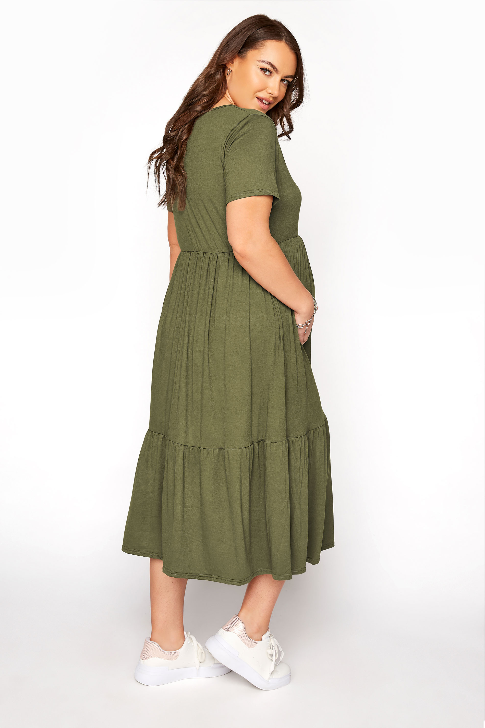 BUMP IT UP MATERNITY Khaki V-Neck Tiered Midi Dress | Yours Clothing