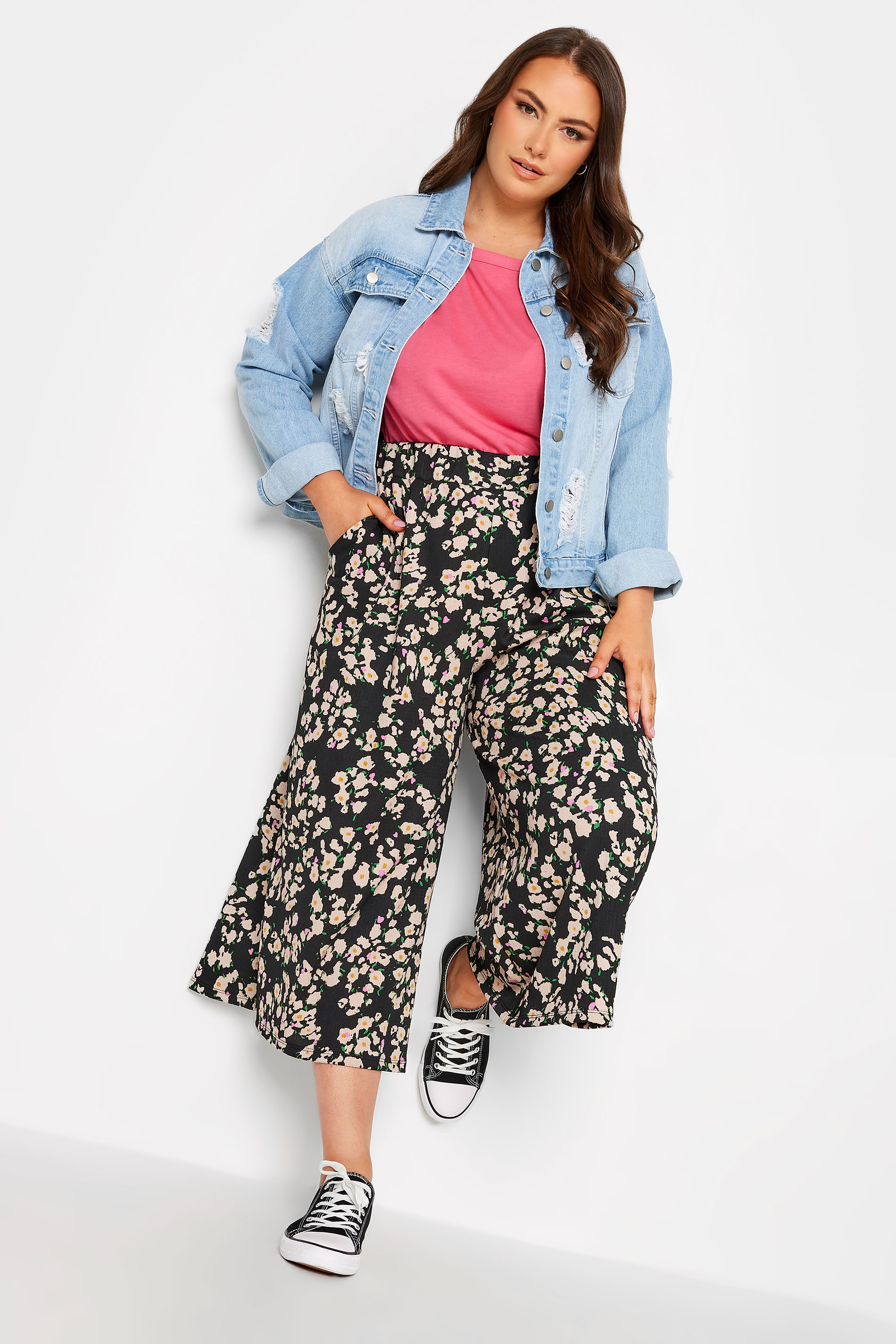 YOURS Plus Size Black Abstract Floral Print Midaxi Culottes | Yours Clothing 2