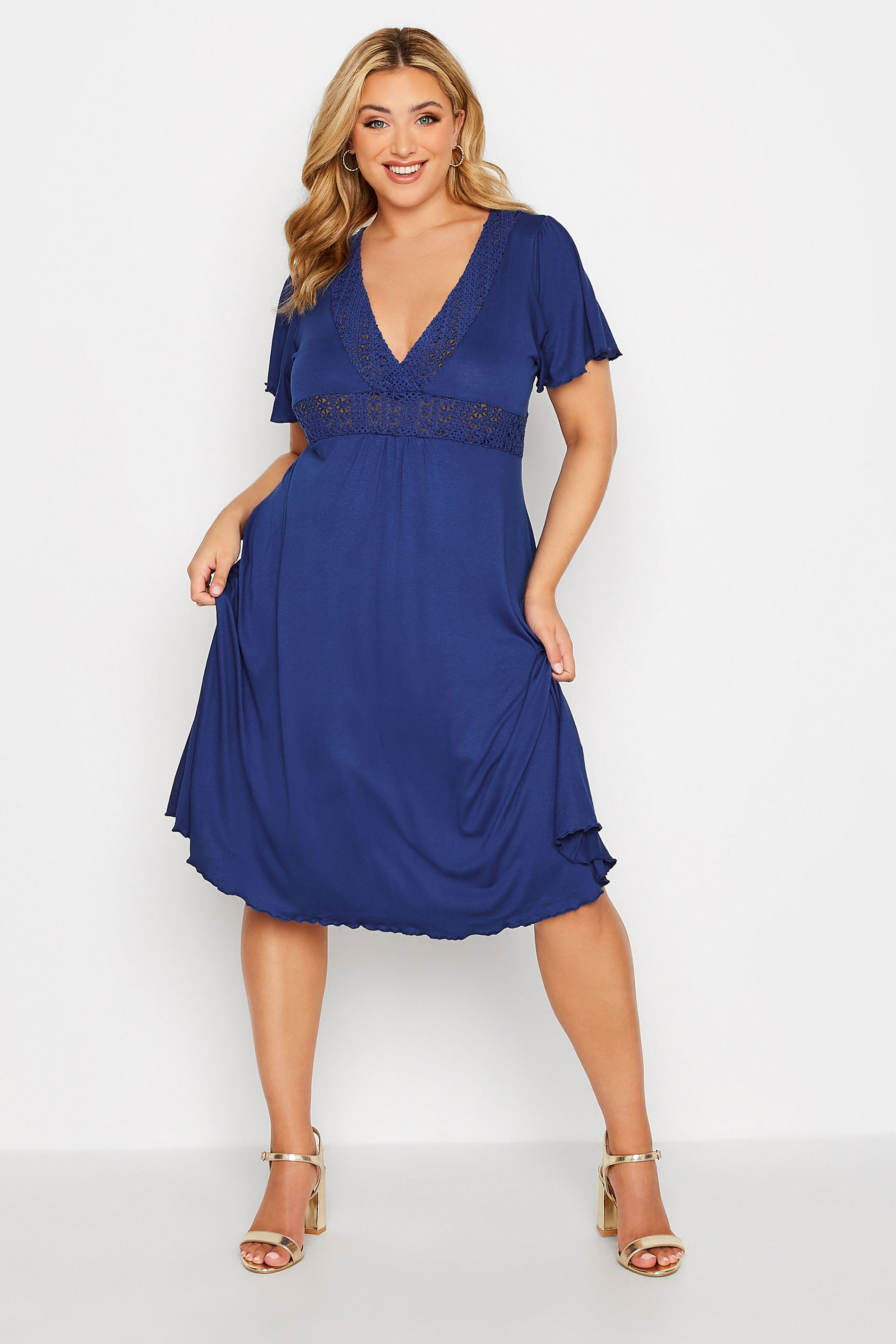 YOURS Plus Size Blue Crochet Detail Dress | Yours Clothing  2