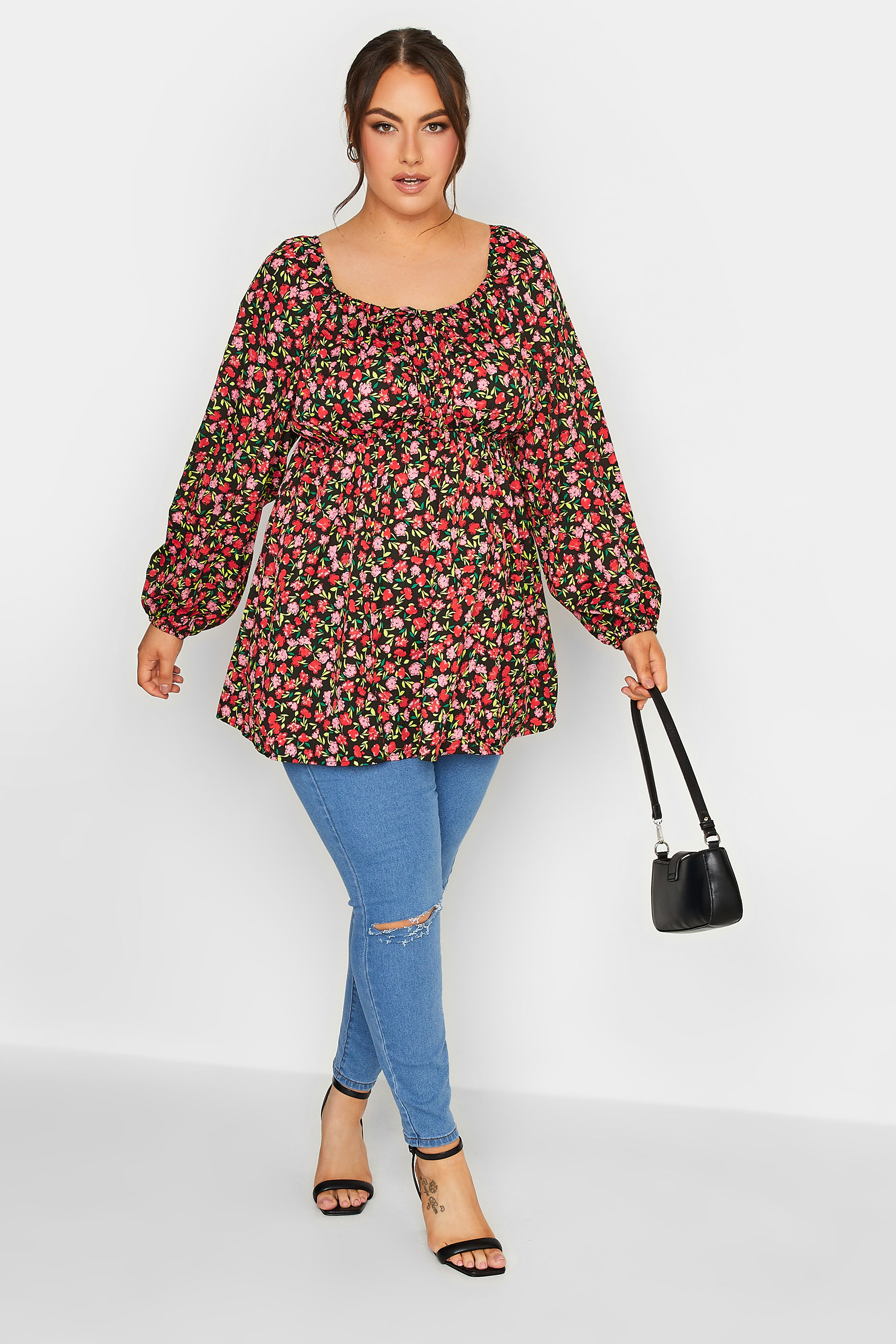 LIMITED COLLECTION Plus Size Black & Pink Floral Gypsy Blouse | Yours Clothing 2
