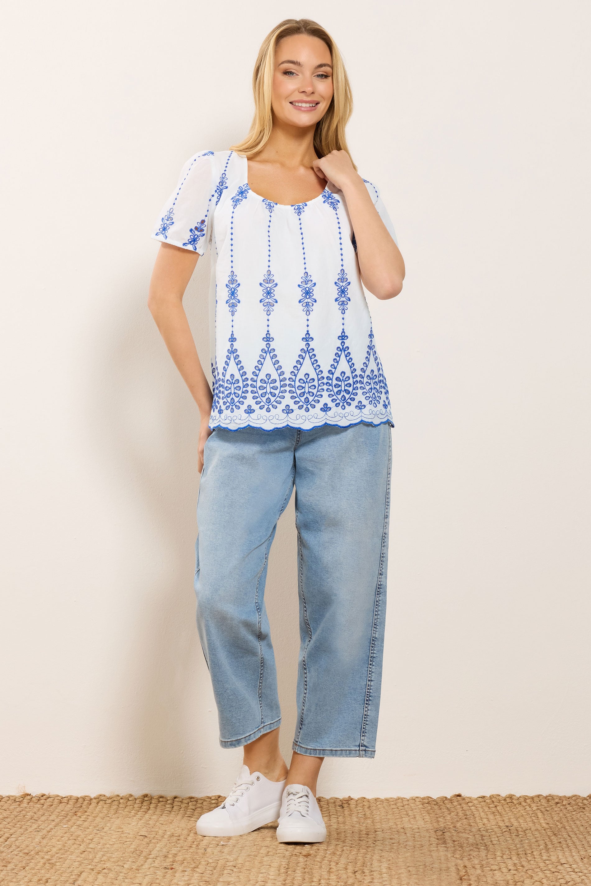 M&Co White & Blue Floral Broderie Cotton Short Sleeve Top | M&Co 1