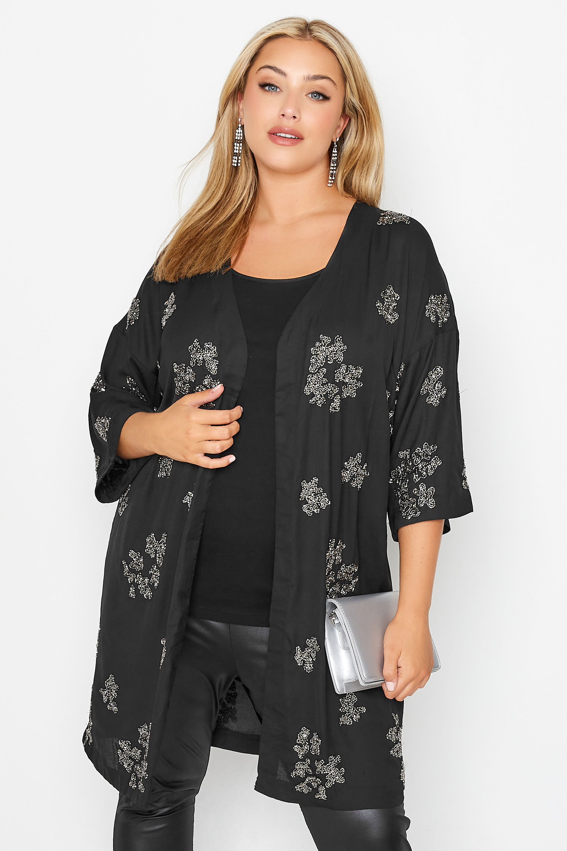 LUXE Plus Size Black Hand Embellished Kimono | Yours Clothing 1