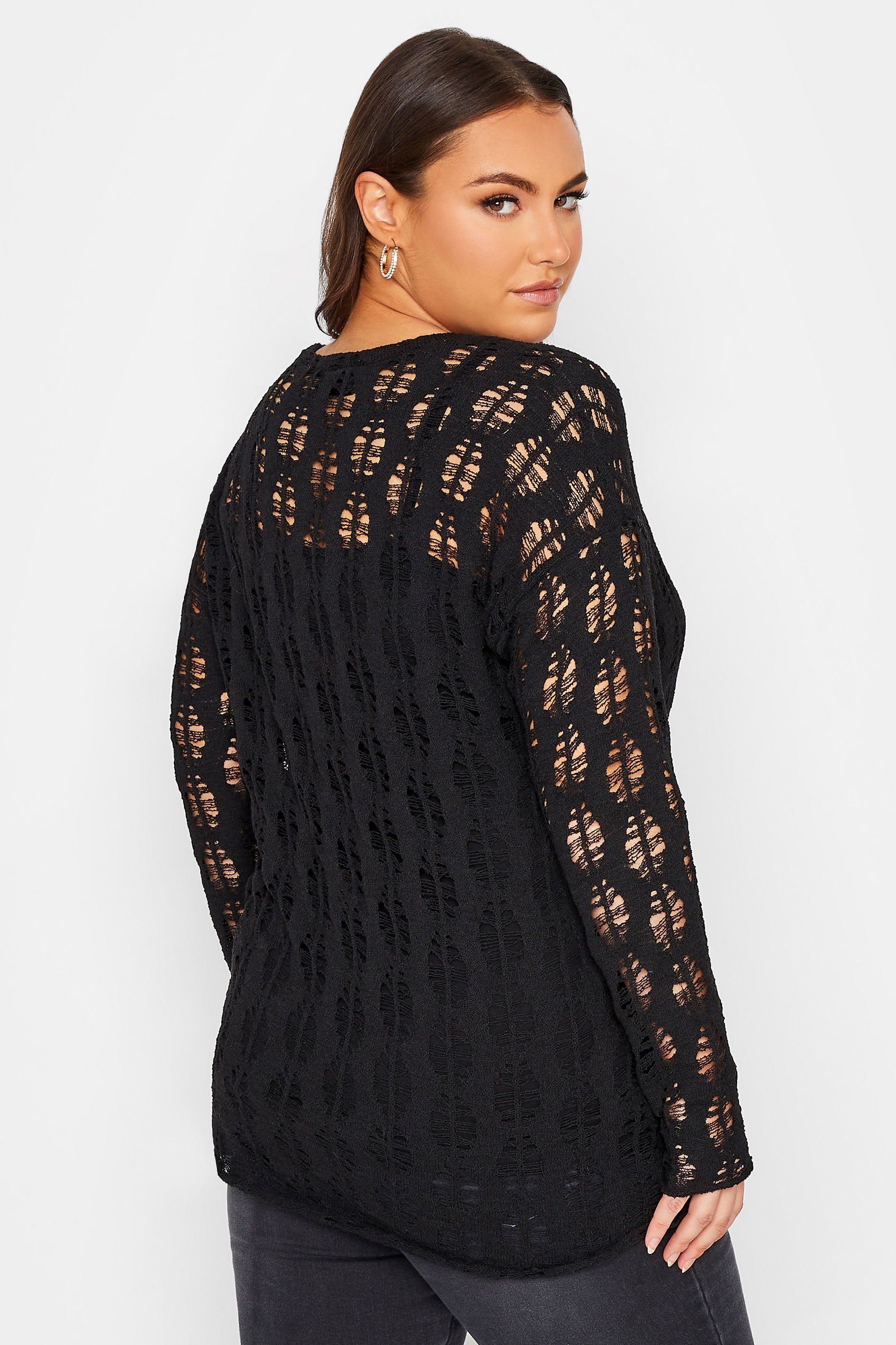 YOURS LUXURY Plus Size Curve Black Open Stitch Knit Jumper | Yours Clothing 2