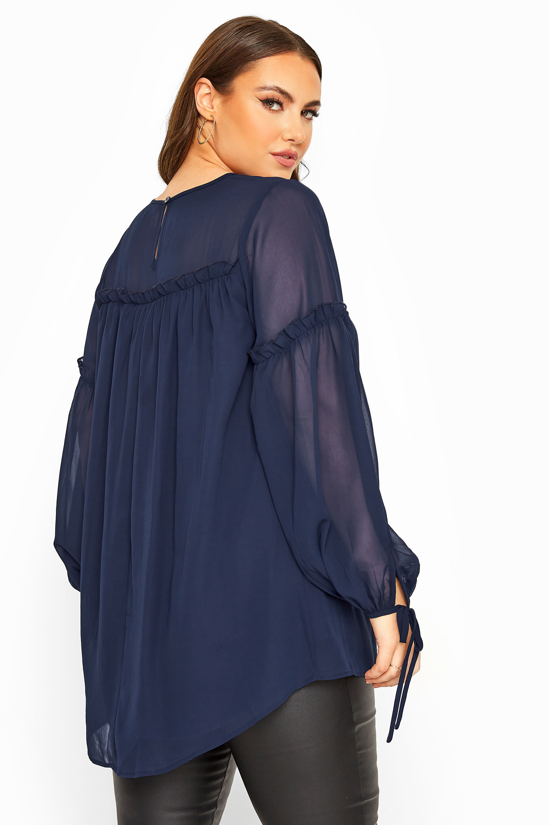 YOURS LONDON Navy Chiffon Frill Blouse | Yours Clothing