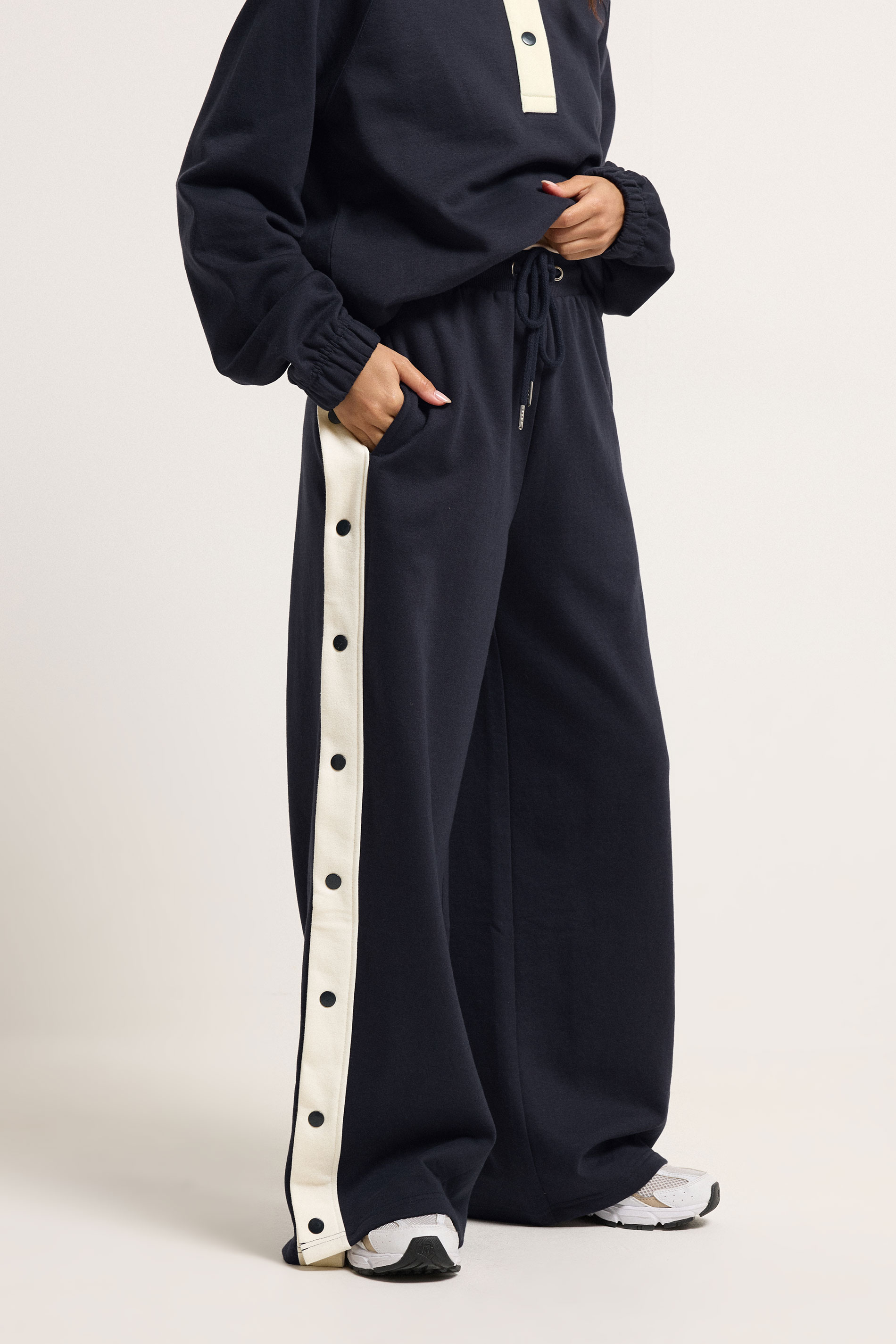 PixieGirl Petite Women's Navy Blue Side Popper Wide Leg Joggers | PixieGirl 1