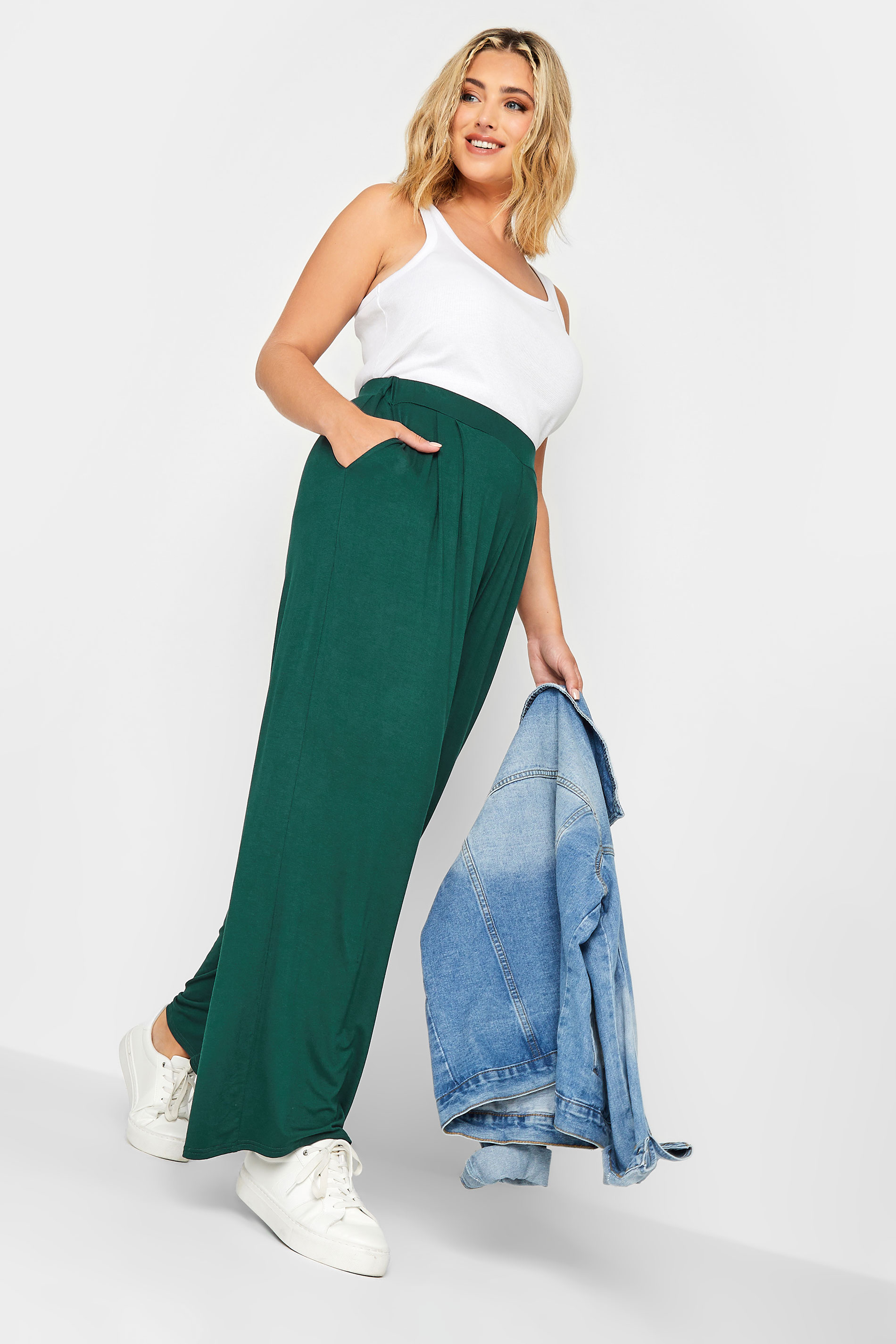 YOURS Plus Size Green Pleat Front Wide Leg Trousers | Yours Clothing