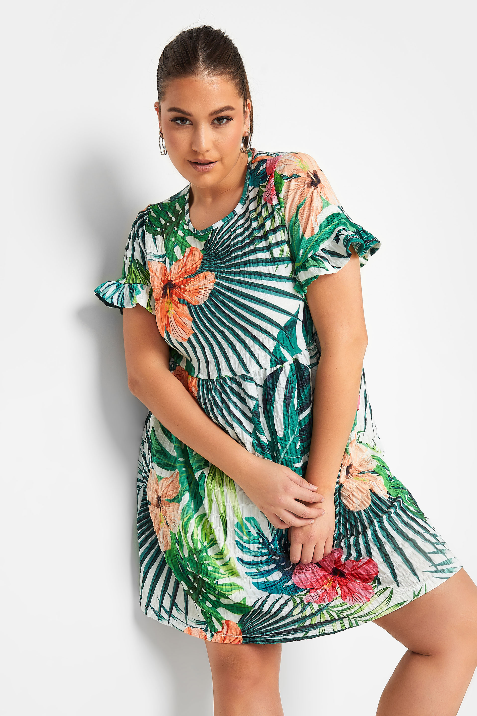 YOURS Curve Green & White Tropical Floral Print Smock Tunic Dress | Yours Clothing 1