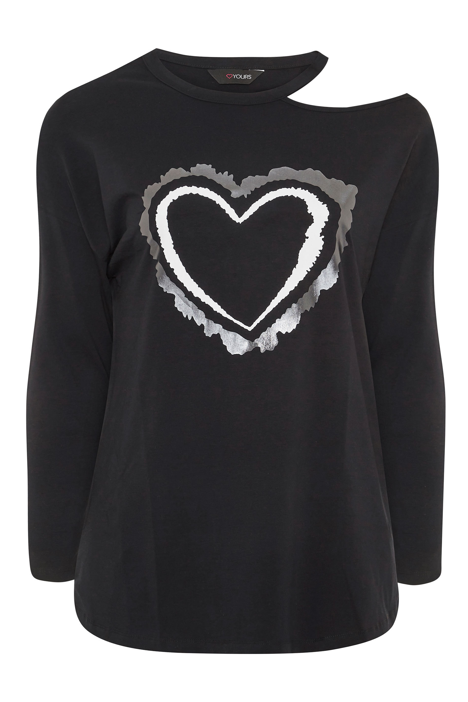Black Cold Shoulder Foil Heart Print Top | Yours Clothing