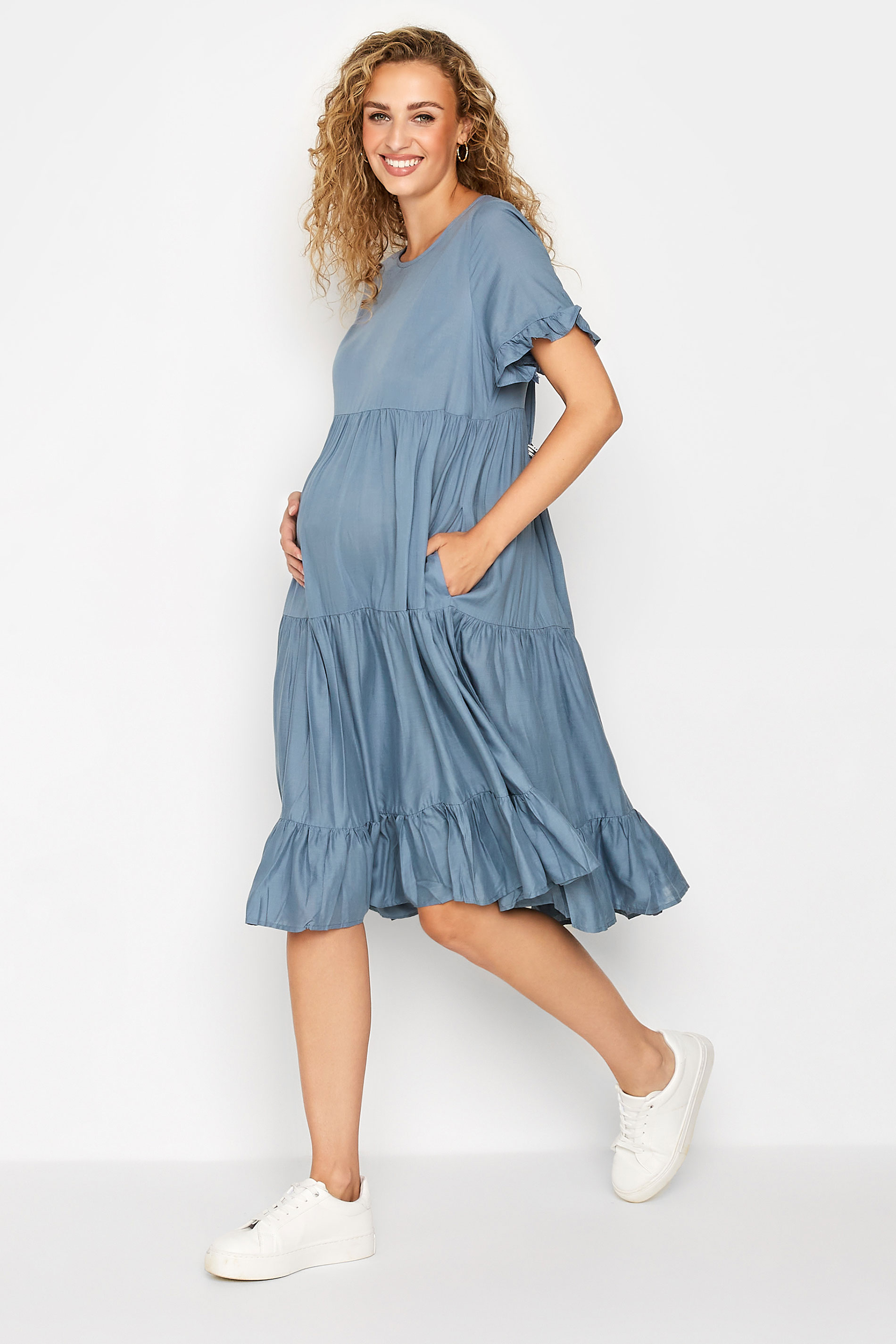 LTS Tall Maternity Blue Tiered Smock Dress 1