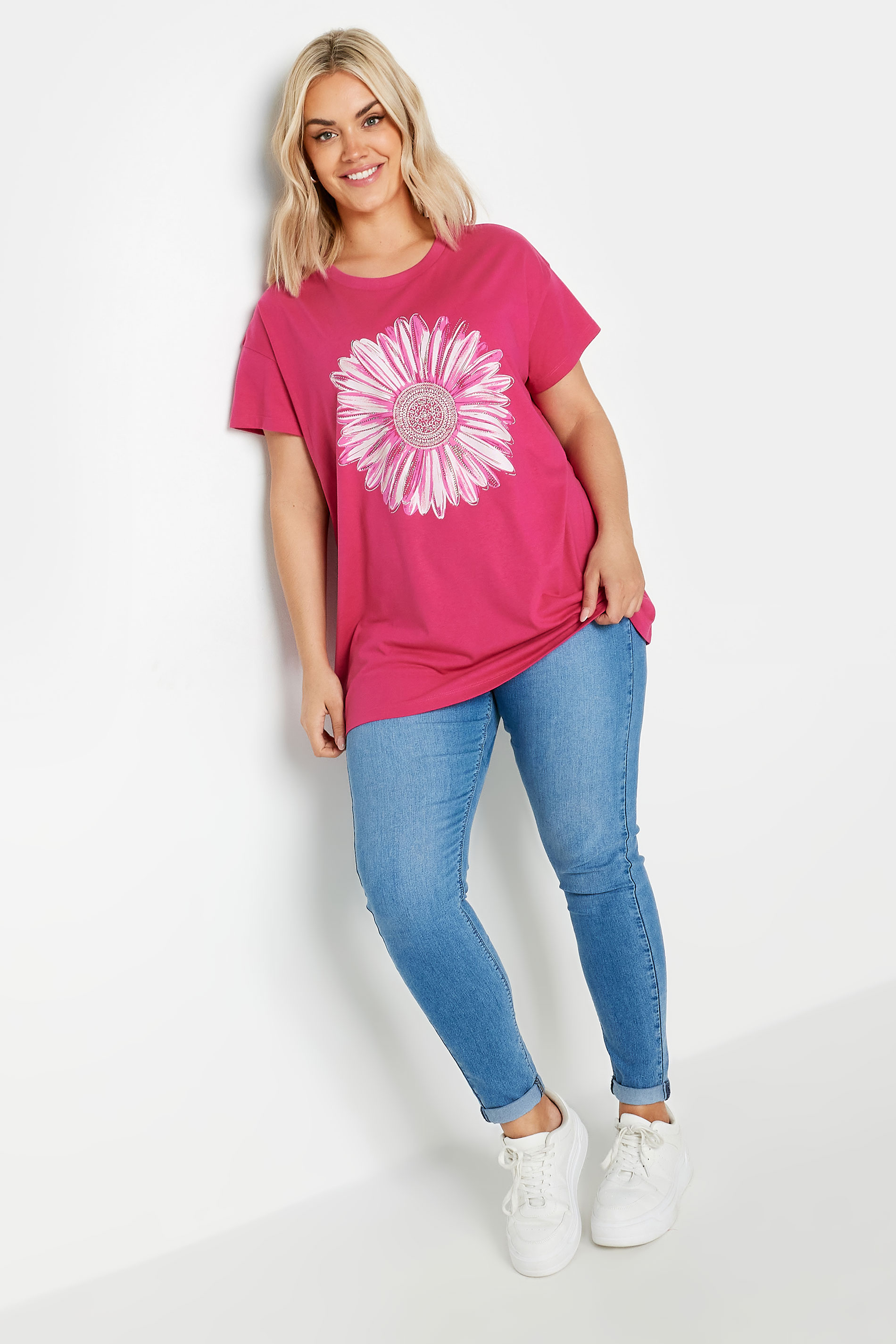 YOURS Plus Size Pink Stud Floral Print T-Shirt | Yours Clothing 2