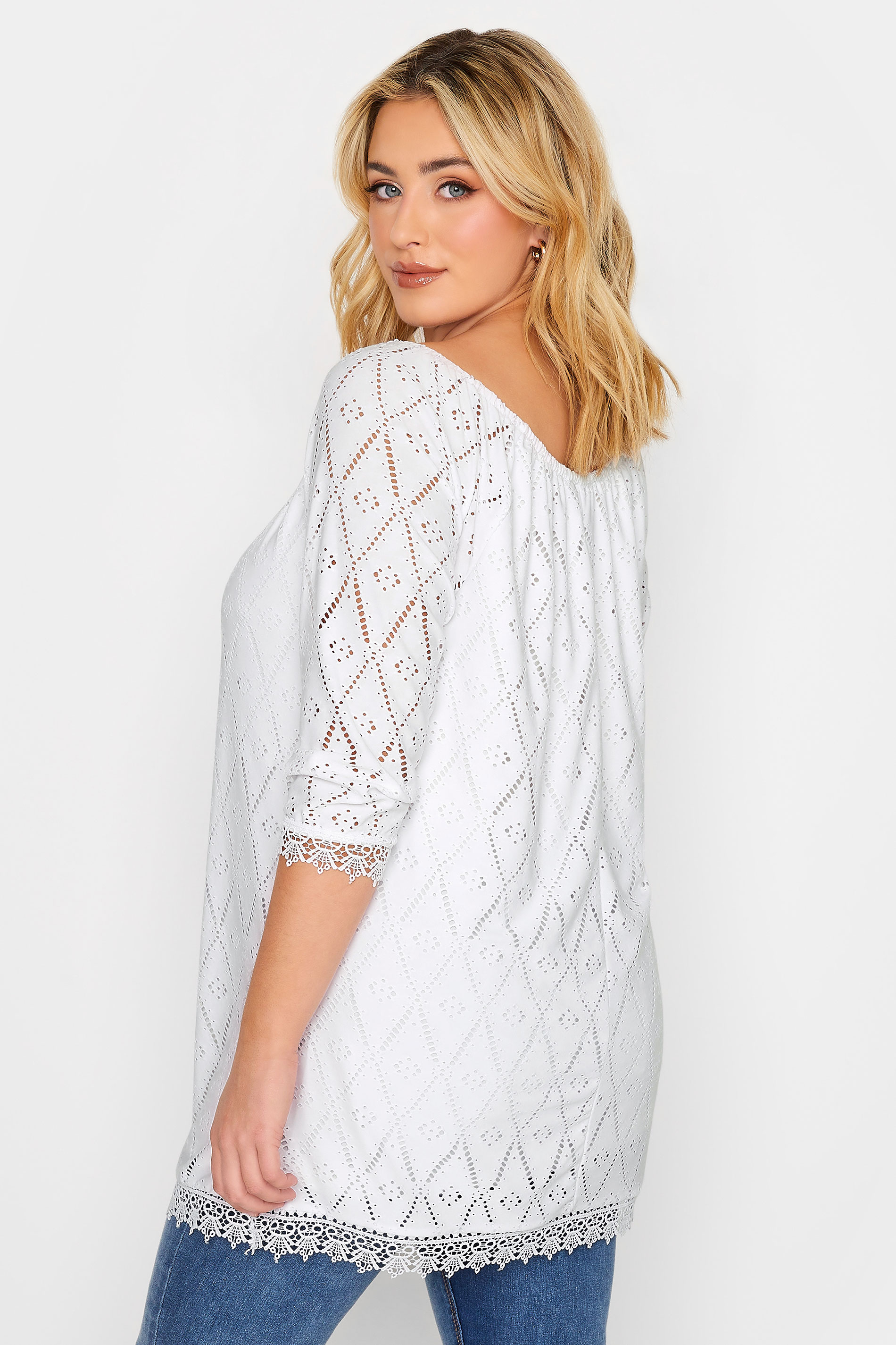 YOURS Plus Size White Pointelle Lace Trim Top | Yours Clothing 3