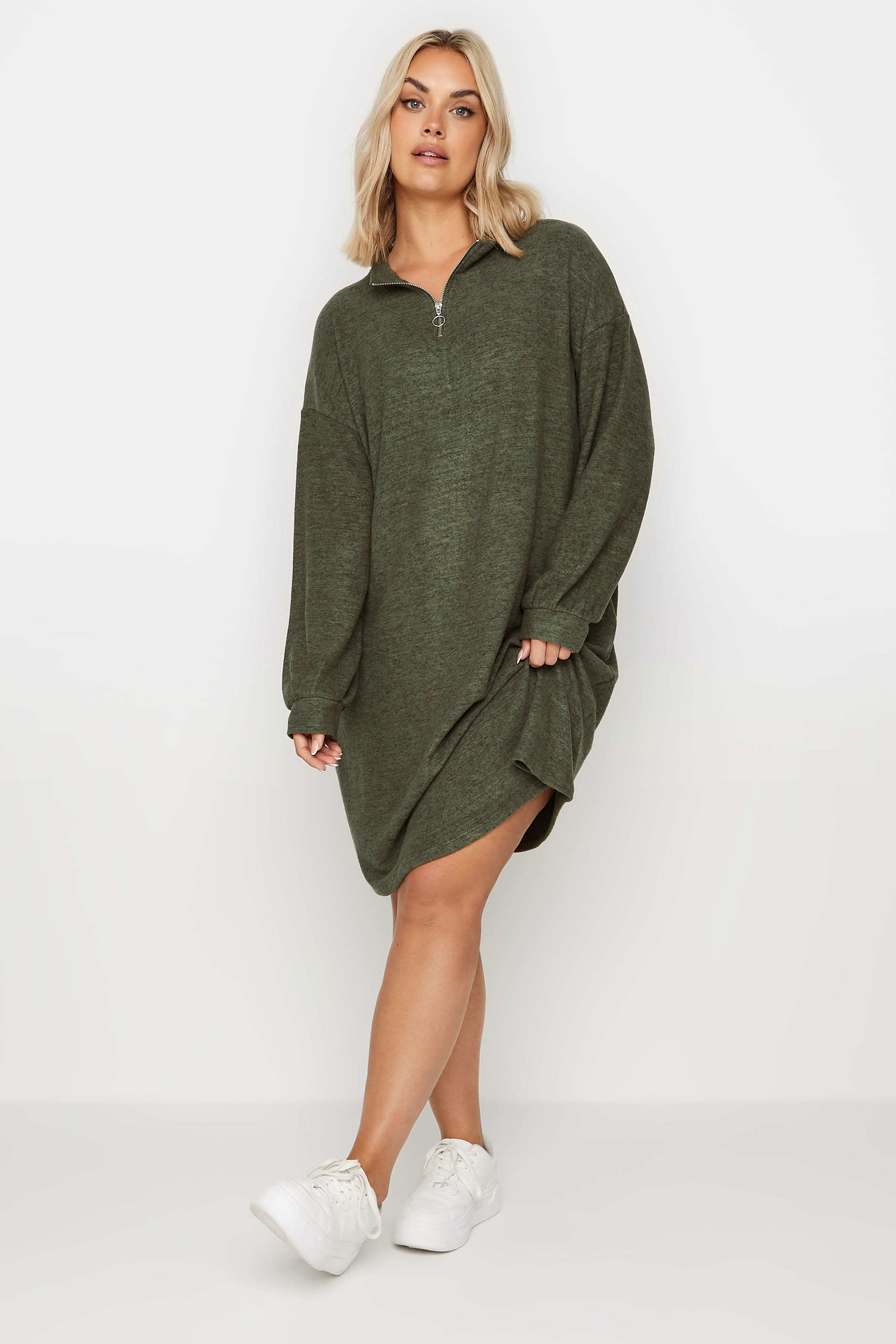 YOURS Plus Size Green Soft Touch Zip Neck Jumper Dress | Yours Clothing 1