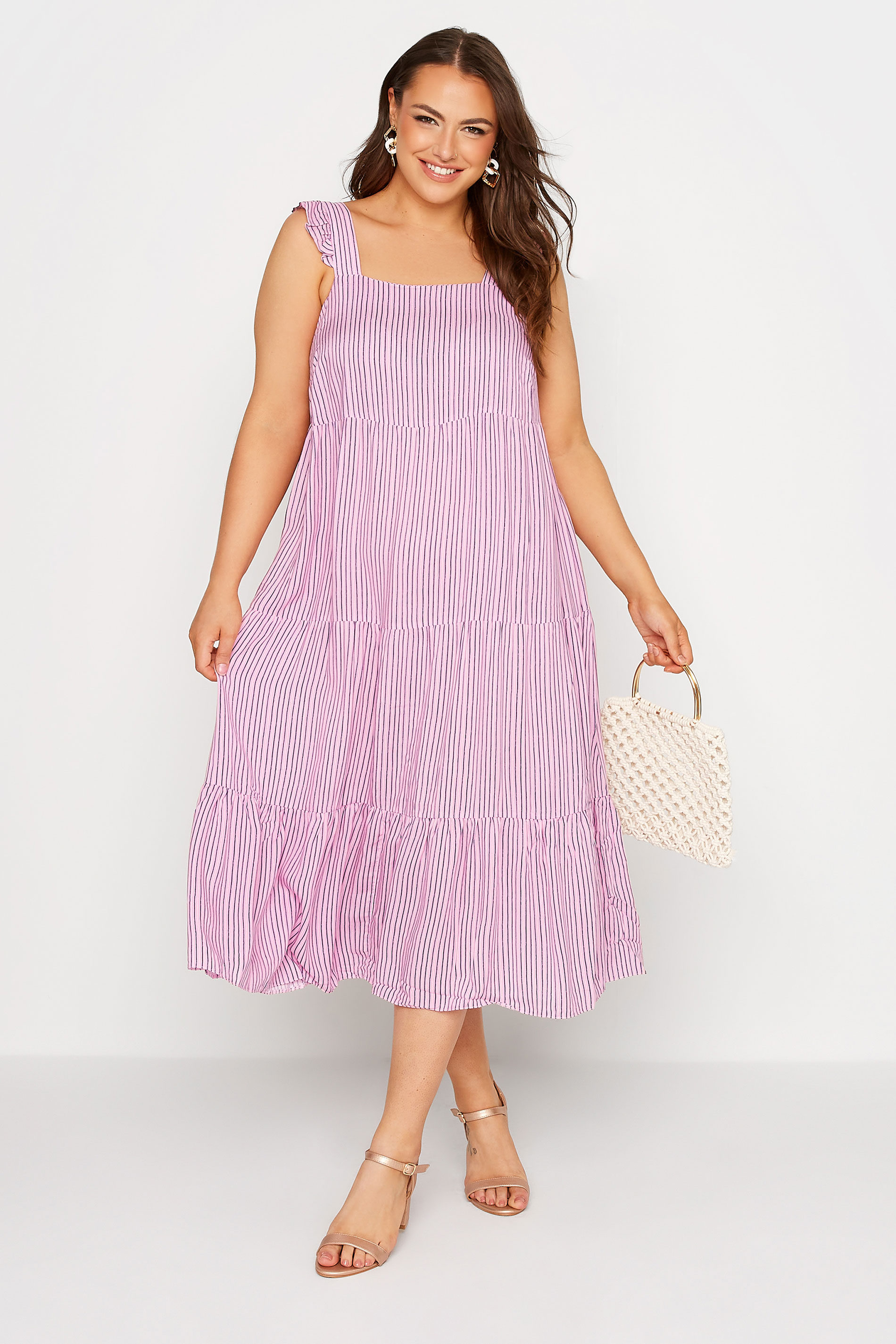 Robes Grande Taille Grande taille  Robes Longues | YOURS LONDON - Robe Rose Midi Volanté à Rayures - HX63179