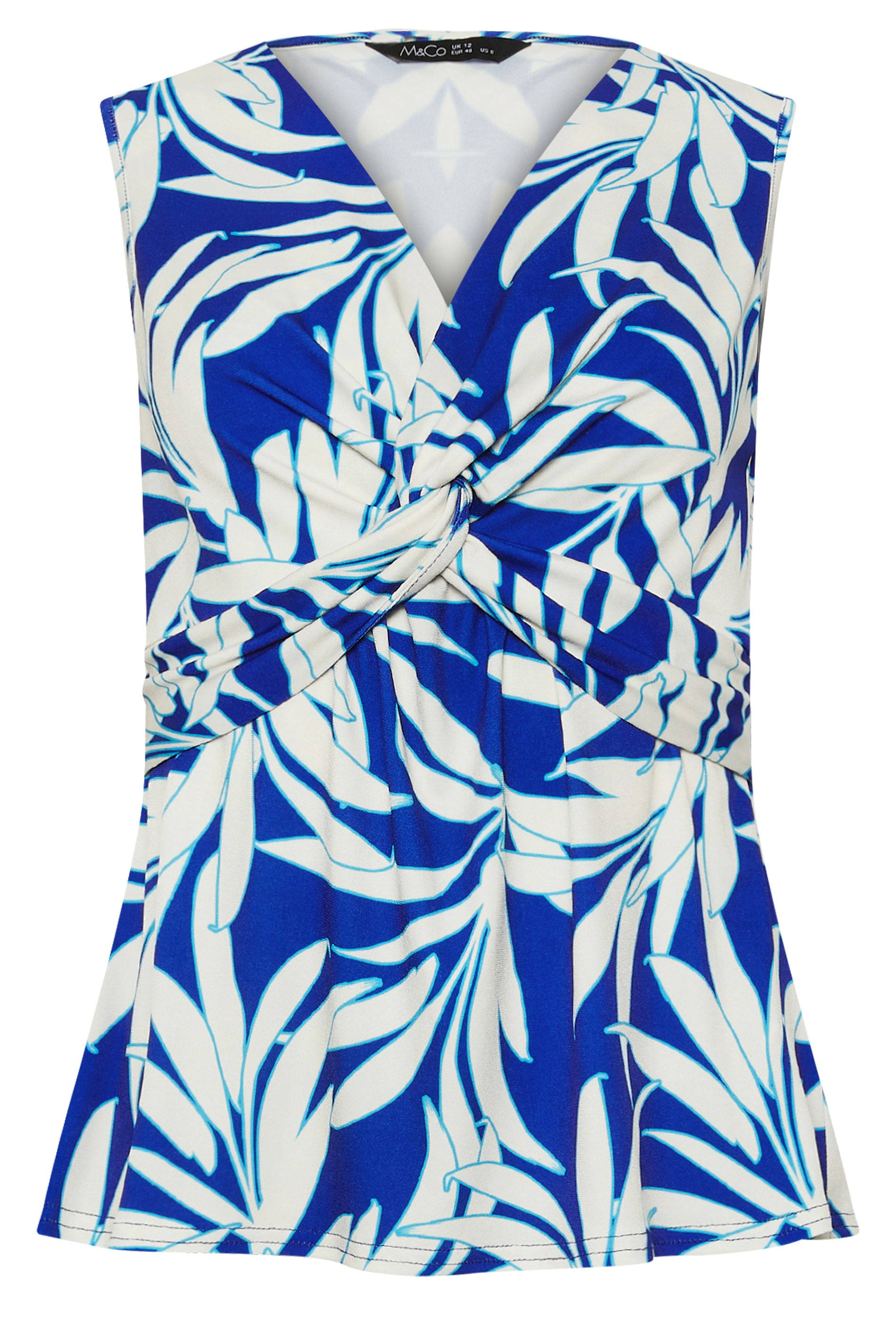M&Co Petite Blue Tropical Leaf Print Twist Front Top | M&Co 5