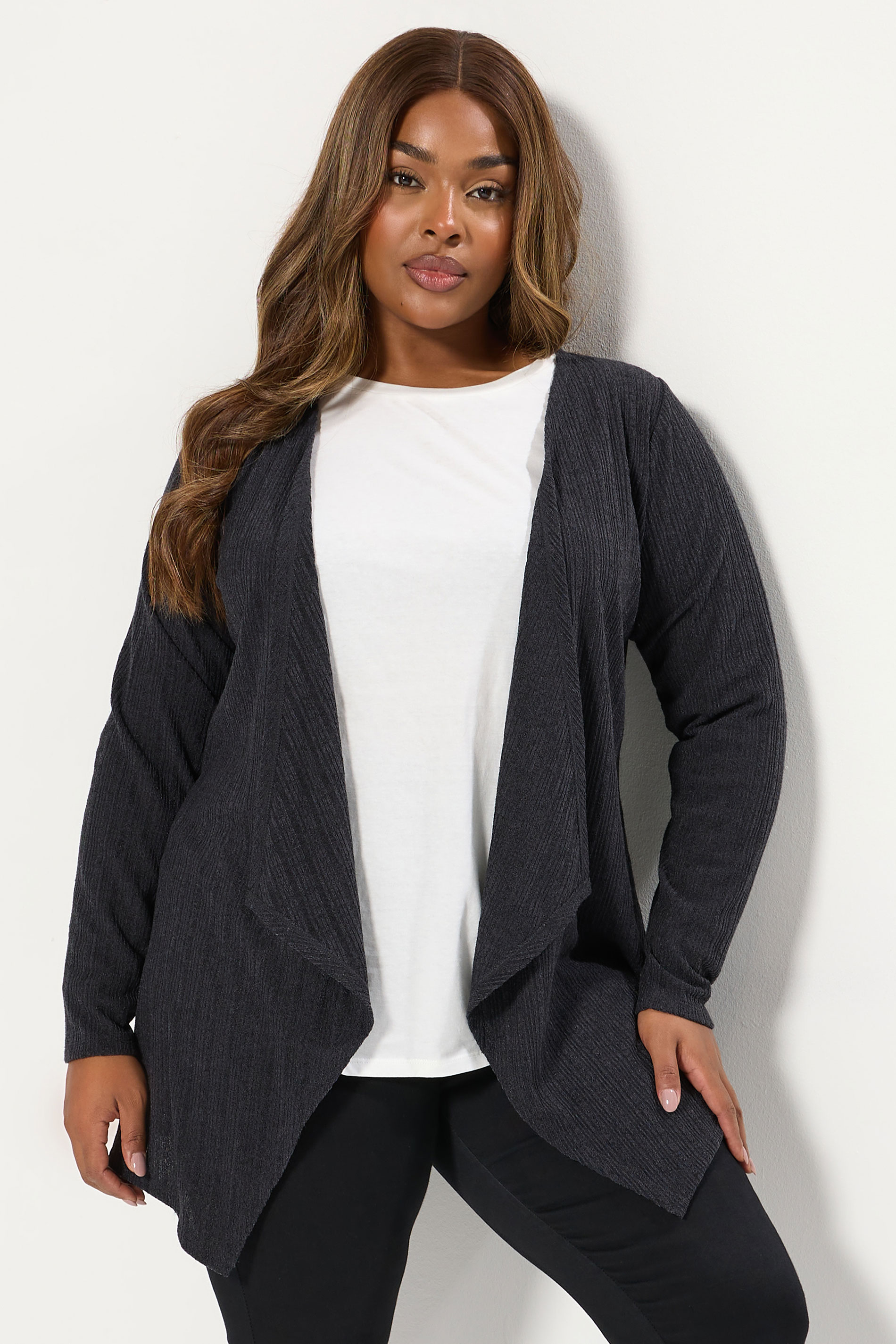 Grey Yours Curve Charcoal Ribbed Waterfall Cardigan, Women's Curve & Plus Size, Yours