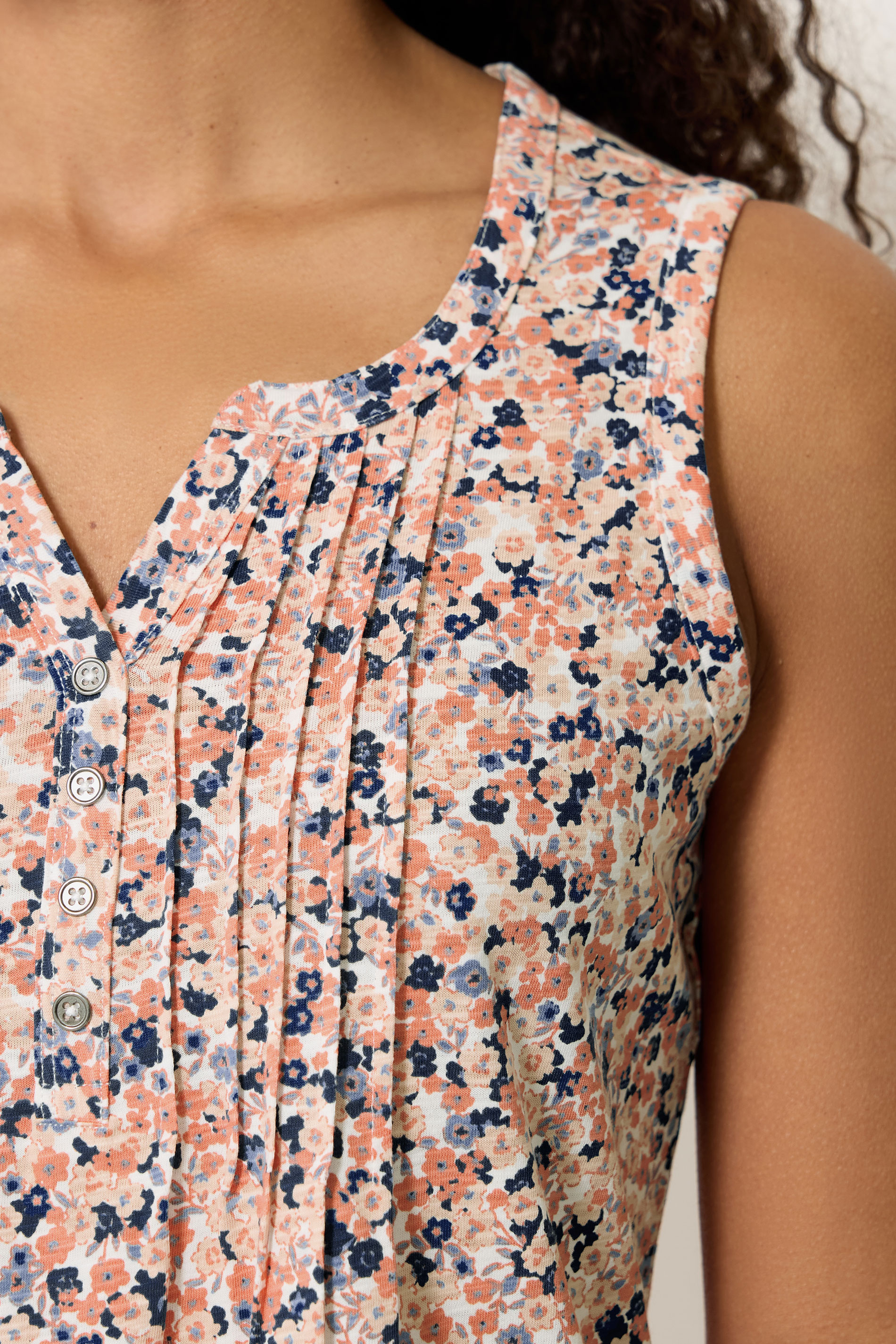 M&Co Orange Ditsy Floral Sleeveless Cotton Henley Top | M&Co 4
