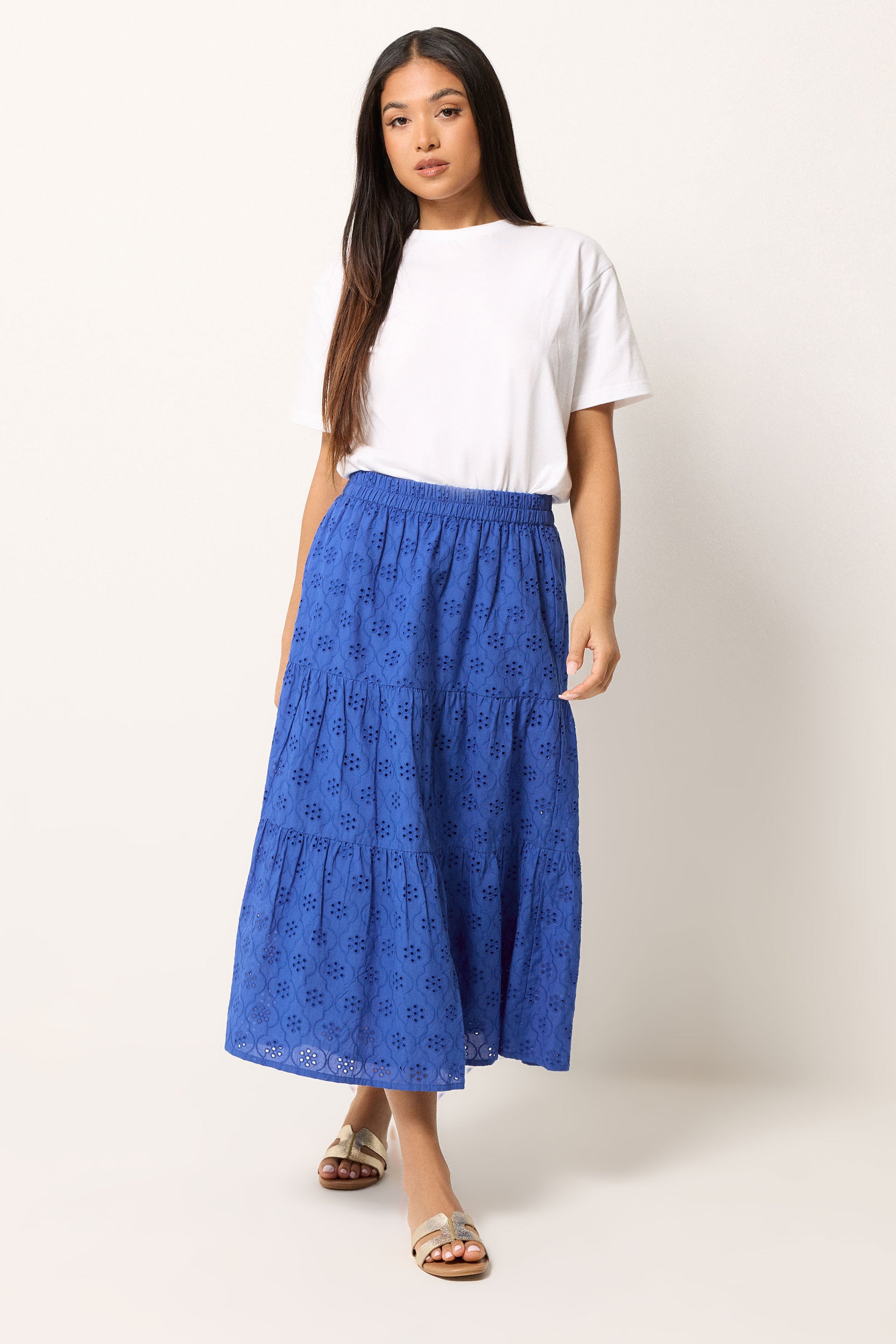 M&Co Petite Blue Broderie Tiered Cotton Maxi Skirt | M&Co 1
