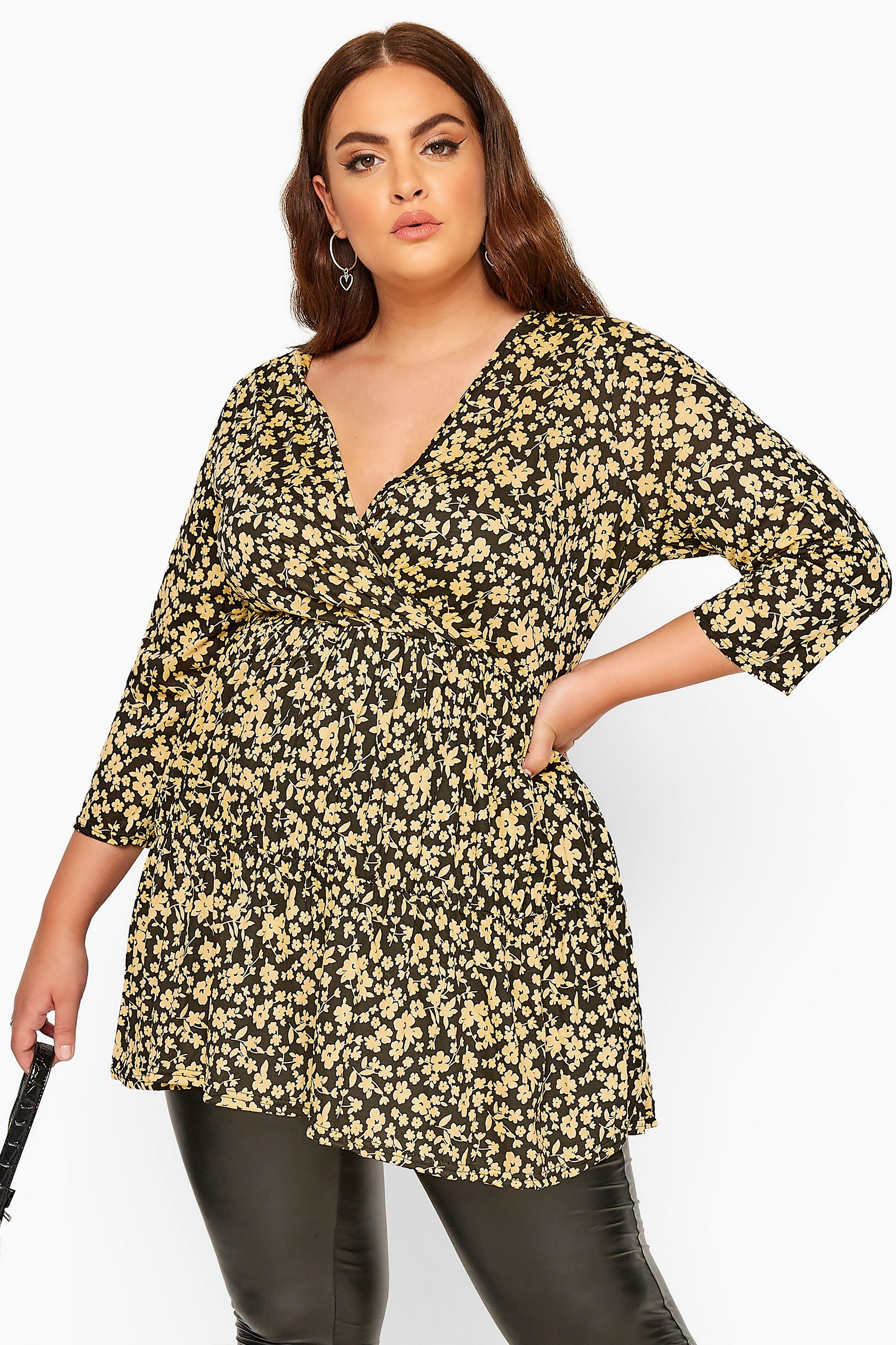 Black & Yellow Ditsy Floral Wrap Tiered Smock Top | Yours Clothing