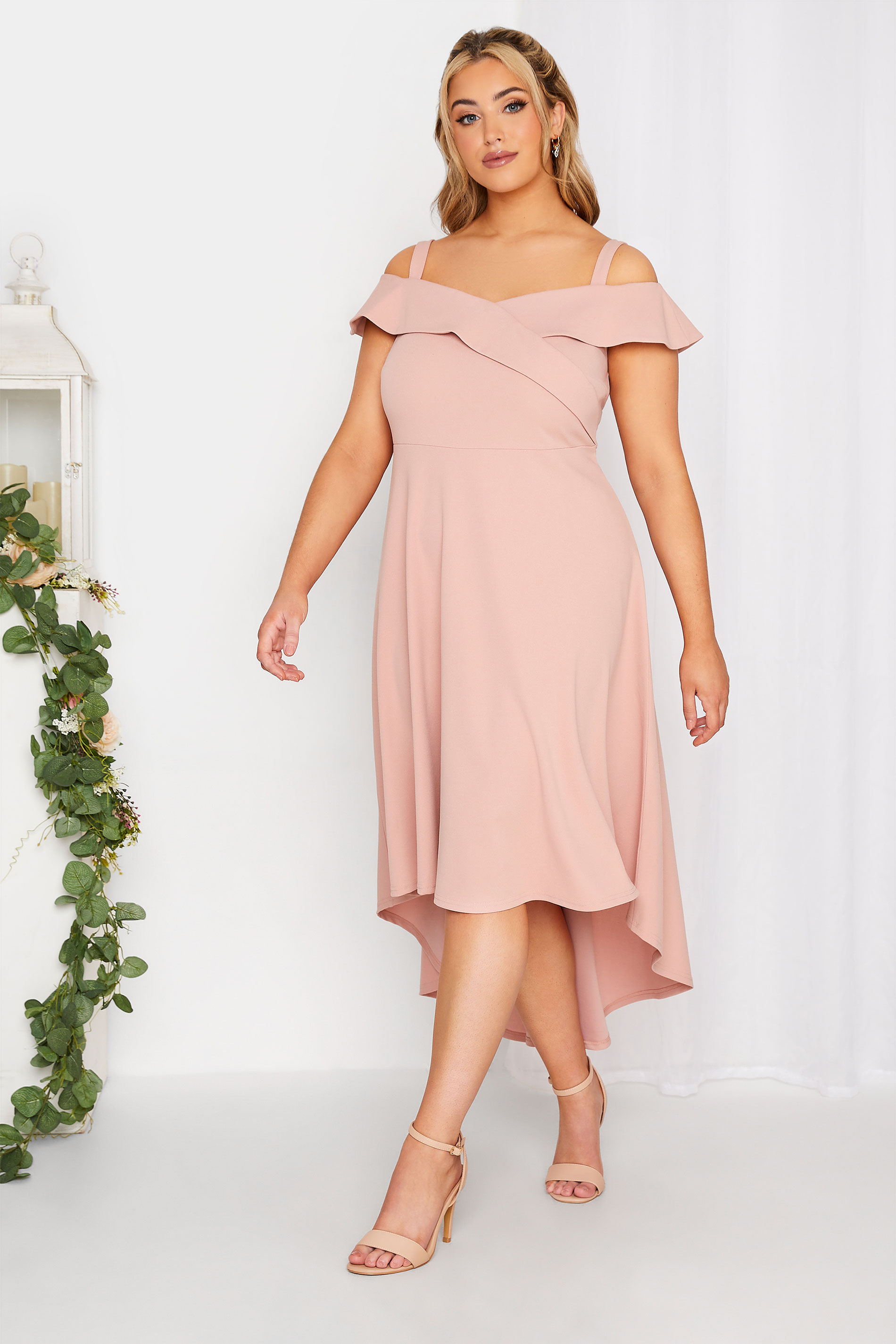 YOURS LONDON Plus Size Curve Pink Bardot High Low Midi Bridesmaid Dress | Yours Clothing 2