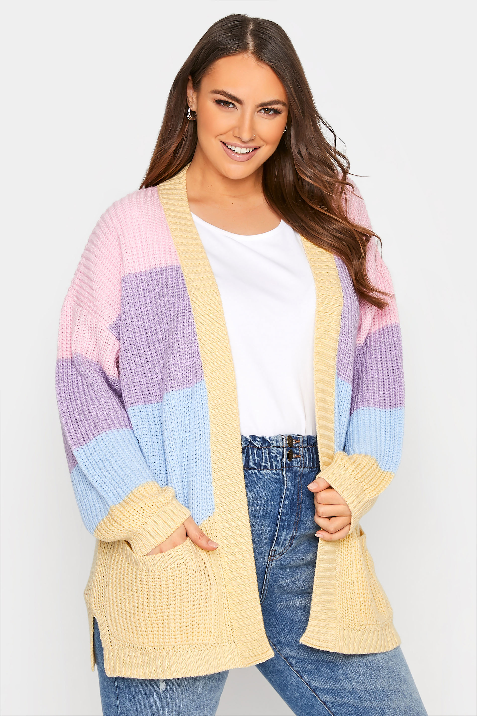 Plus Size Curve Pink & Yellow Pastel Stripe Knitted Cardigan | Yours Clothing 1