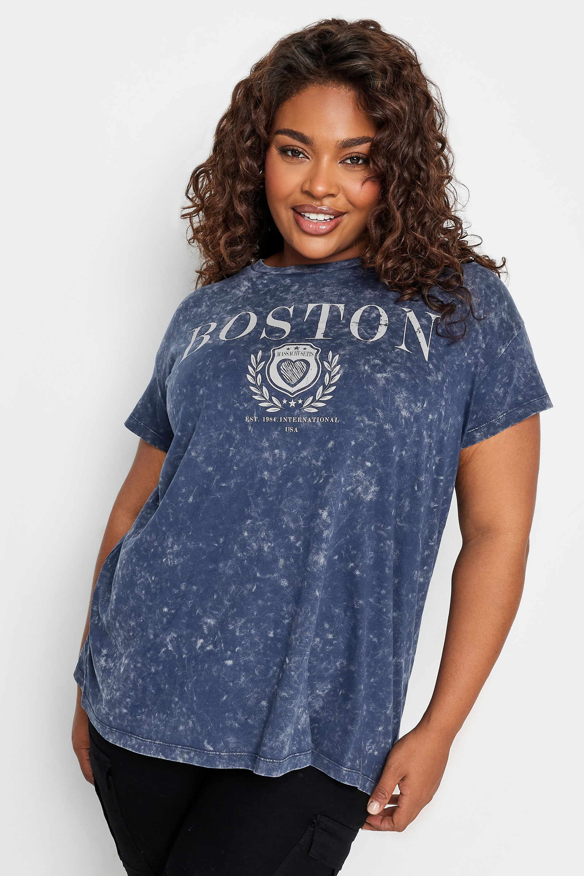 YOURS Plus Size Navy Blue 'Boston' Slogan Acid Wash T-Shirt | Yours Clothing 1