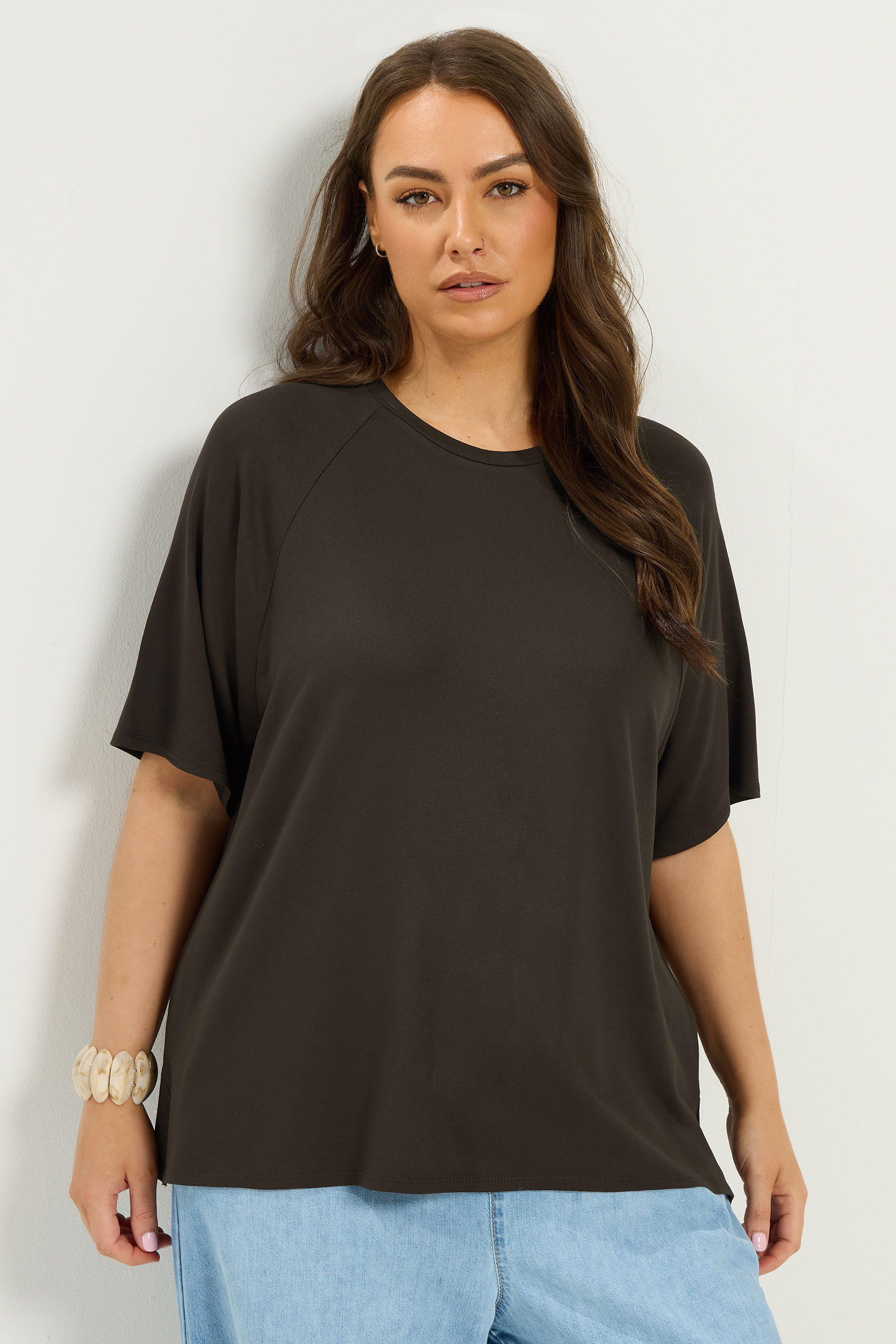 YOURS Plus Size Brown Soft Touch Raglan T-Shirt | Yours Clothing 3