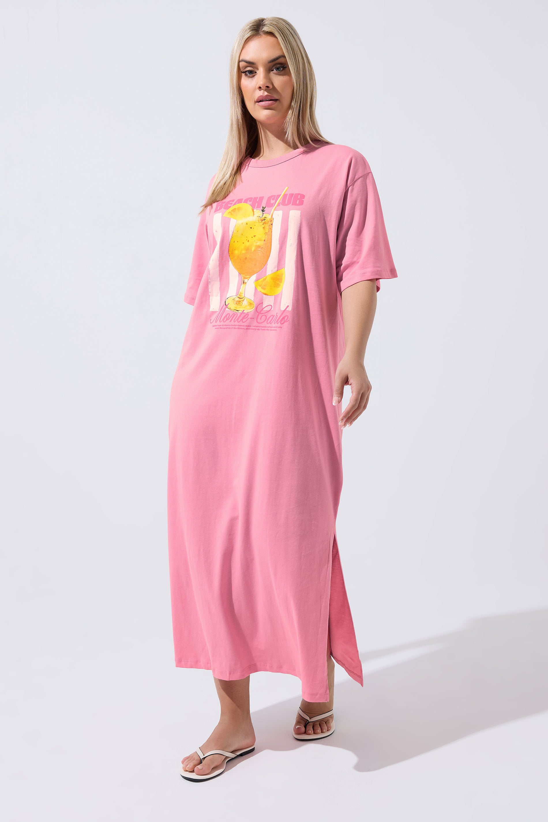 LIMITED COLLECTION Plus Size Pink 'Beach Club' Slogan Maxi Dress | Yours Clothing 1