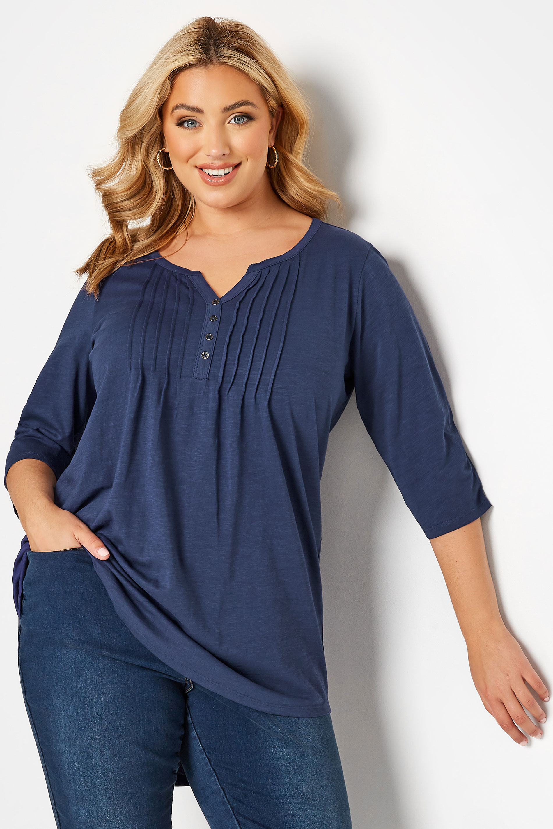 YOURS Curve Plus Size Denim Blue Pintuck Henley T-Shirt | Yours Clothing  1