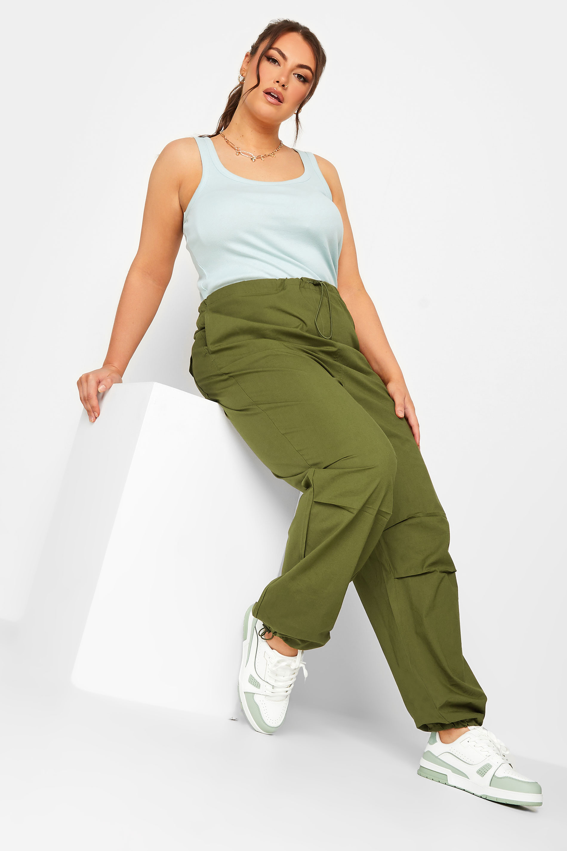 YOURS Curve Plus Size Khaki Green Cuffed Parachute Trousers | Yours Clothing  3