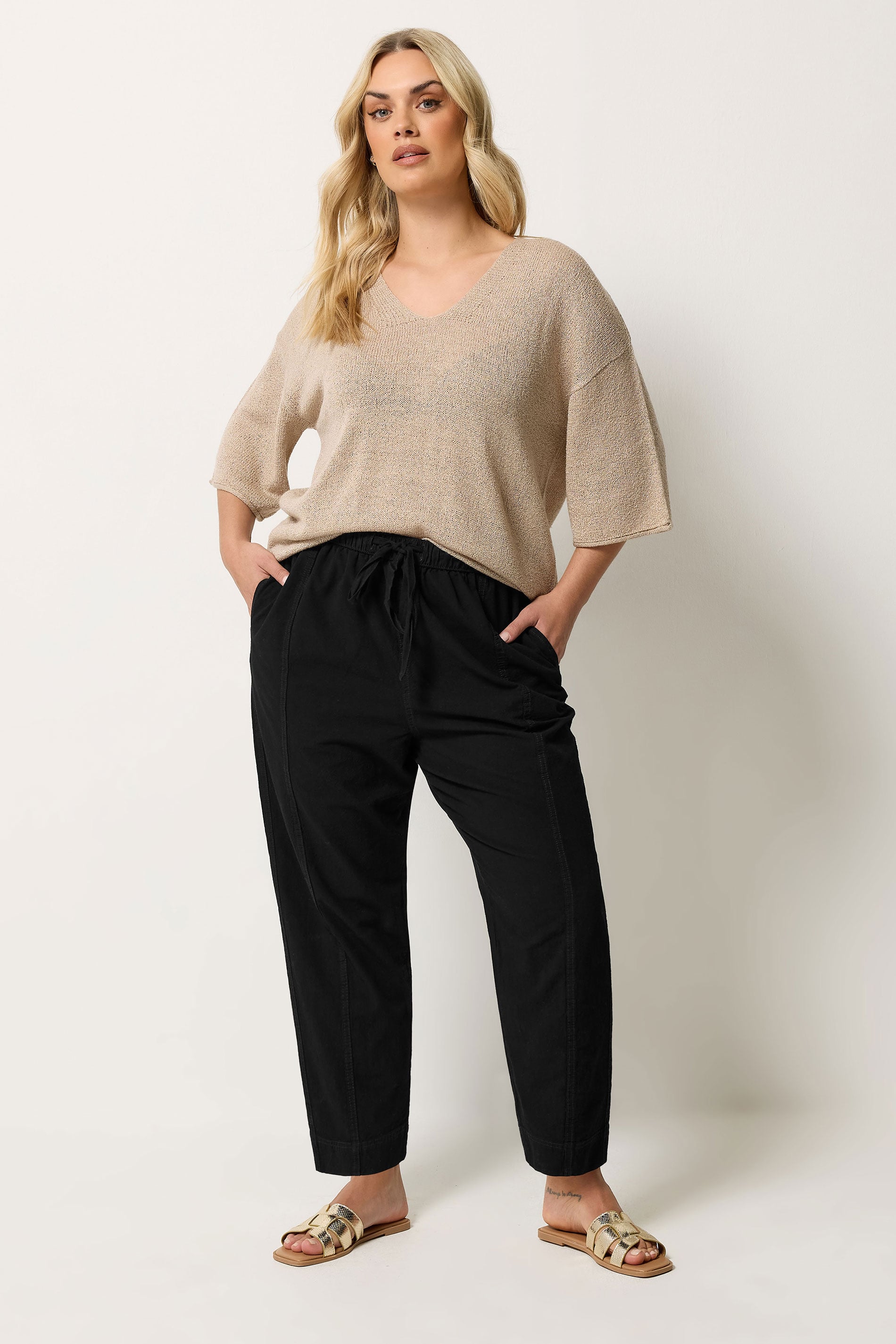 YOURS Plus Size Black  Cool Cotton Barrel Leg Trousers | Yours Clothing 3