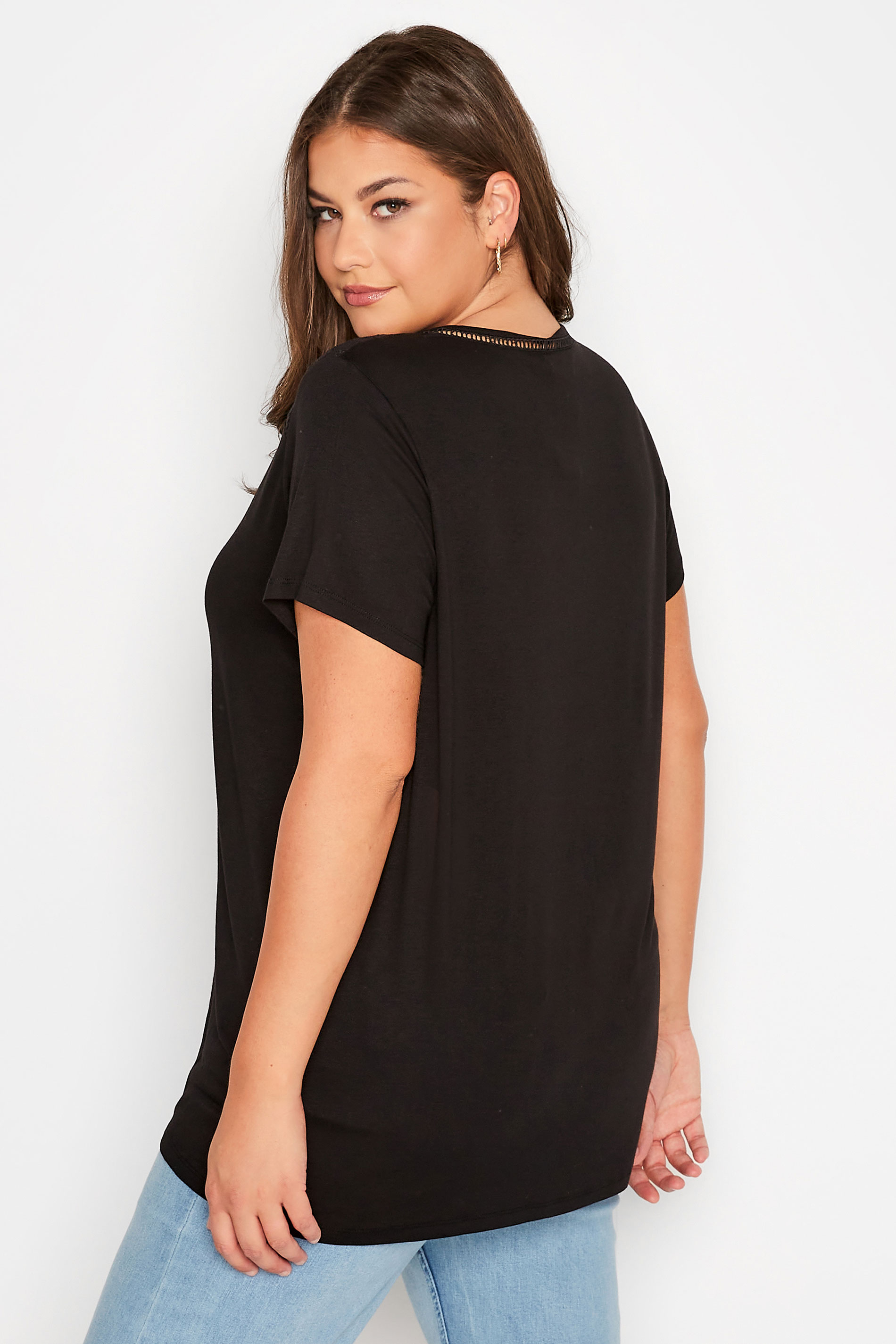 Plus Size Black Embroidered Shoulder Detail T-Shirt | Yours Clothing 3