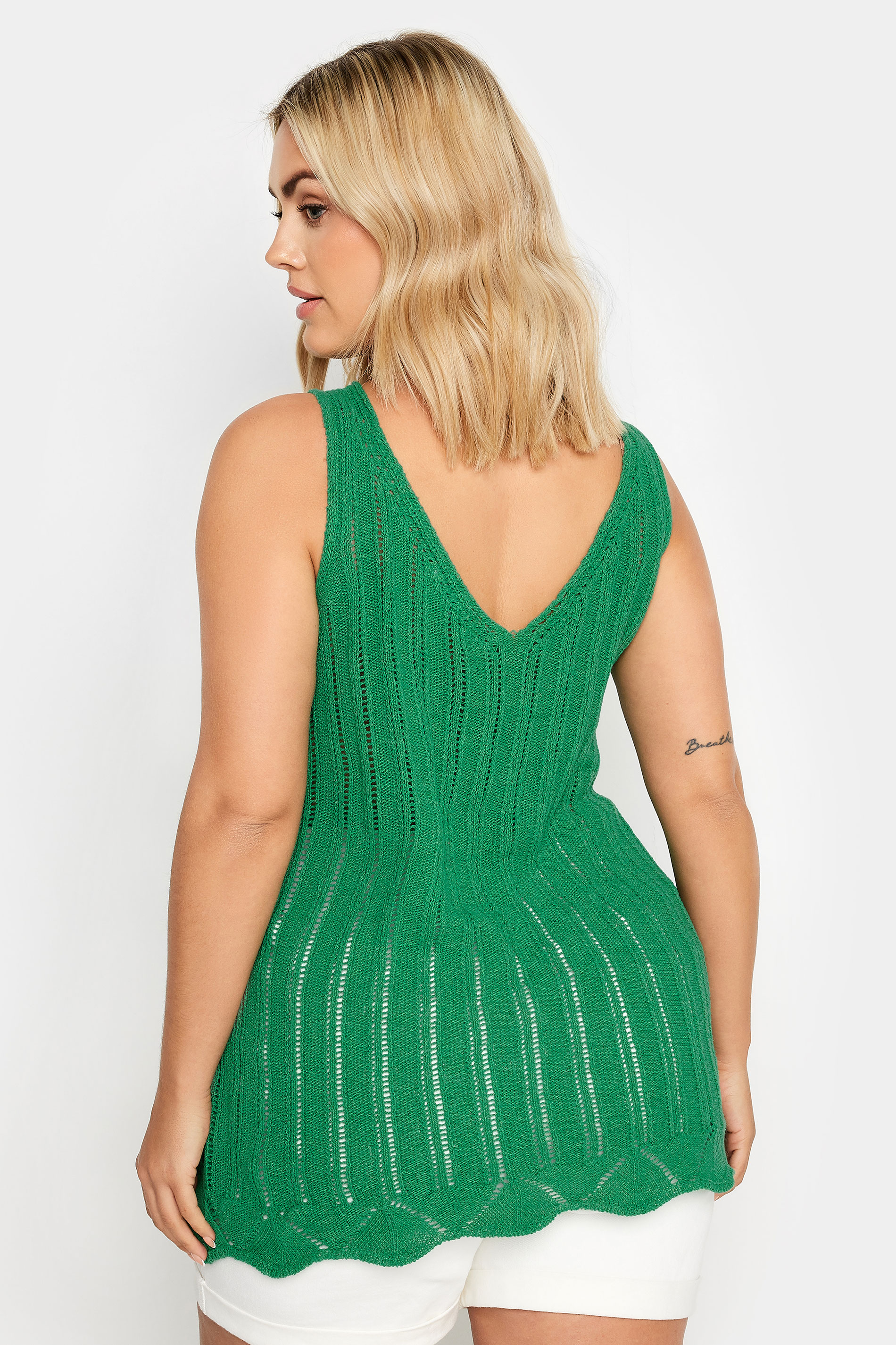 YOURS Plus Size Green Crochet Knitted Vest Top | Yours Clothing 3