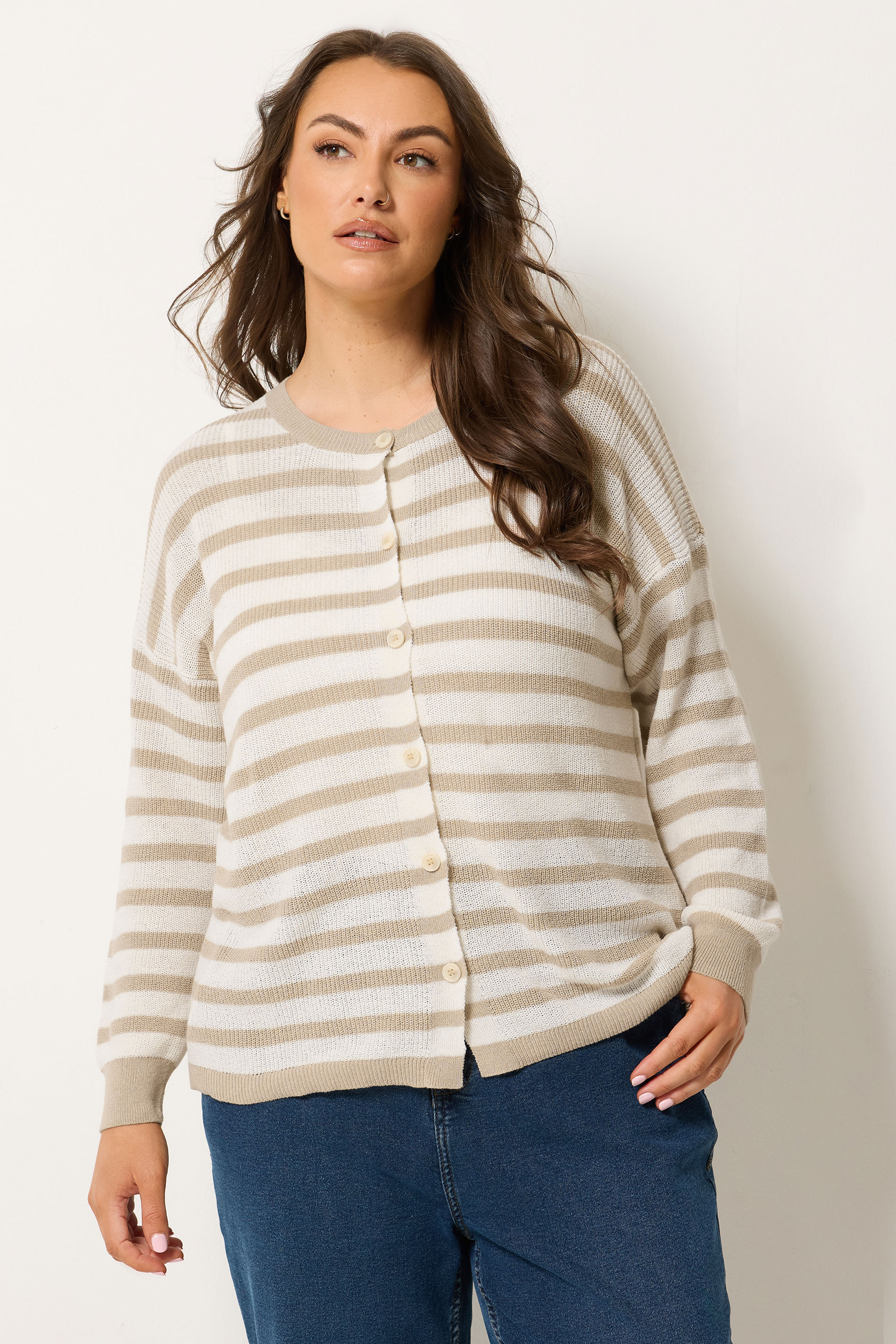 YOURS Plus Size Natural Brown Stripe Knitted Cardigan | Yours Clothing 1