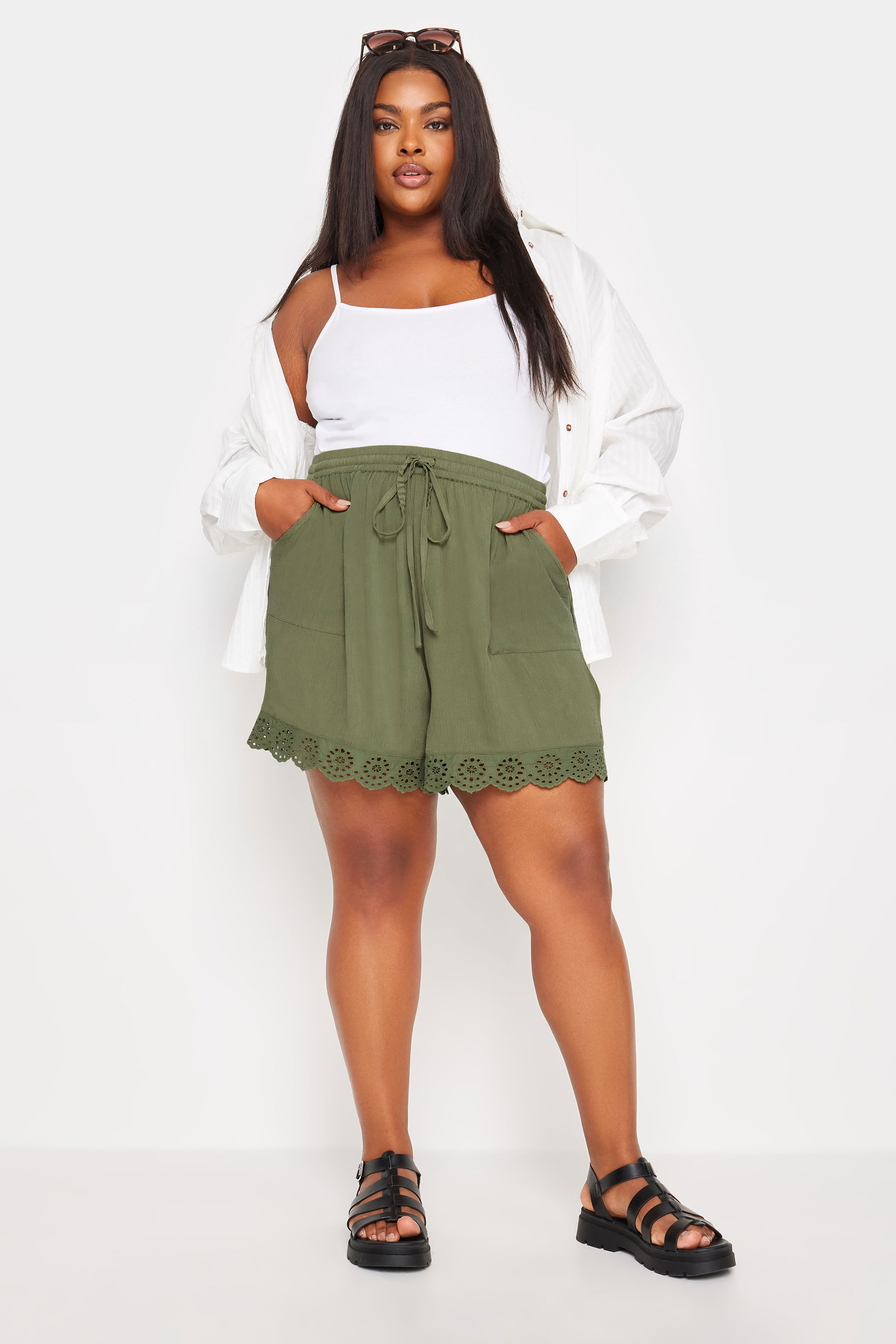 YOURS Plus Size Khaki Green Broderie Anglaise Scalloped Shorts | Yours Clothing 2