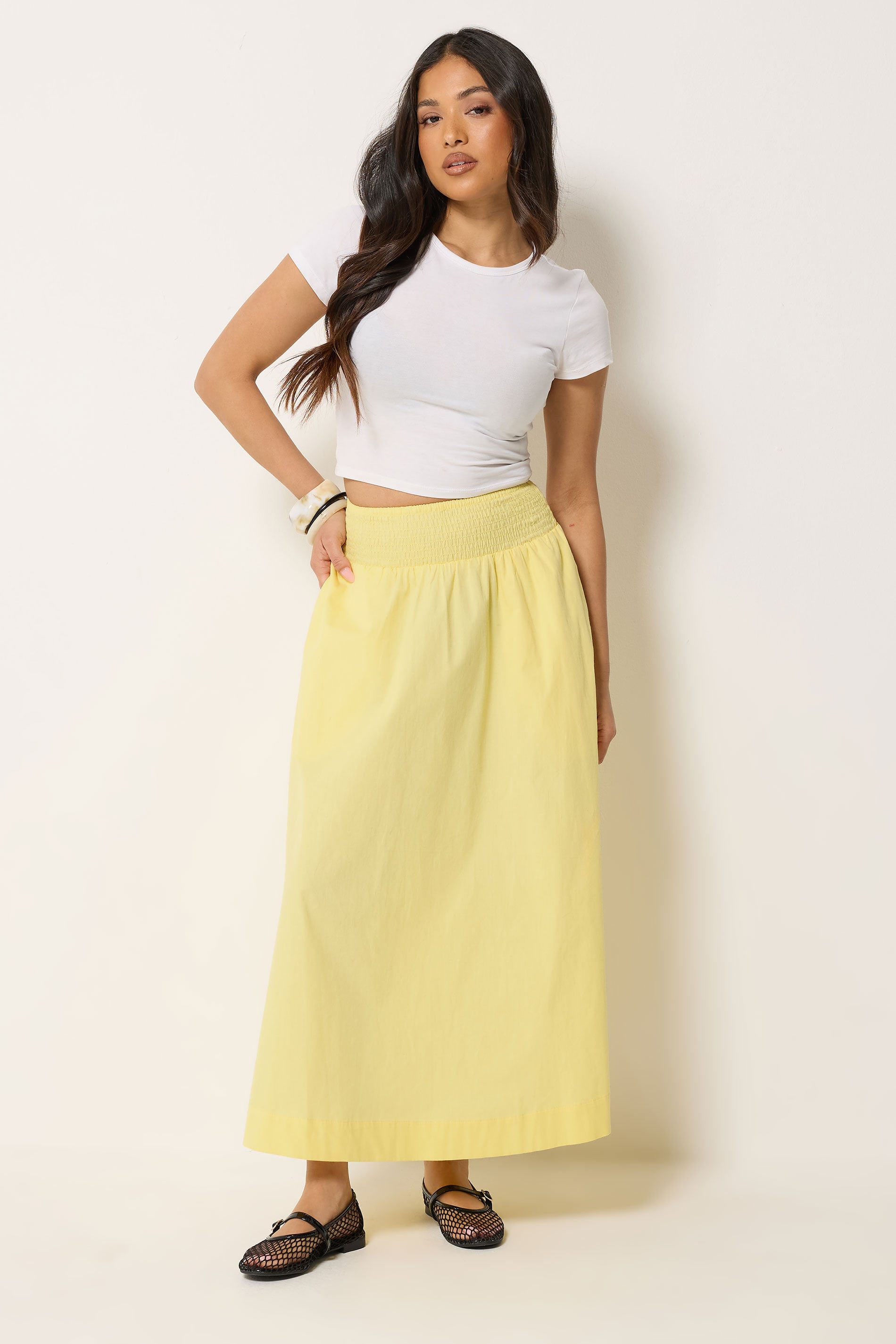 PixieGirl Petite Women's Yellow Poplin Shirred Cotton Maxi Skirt | PixieGirl 1