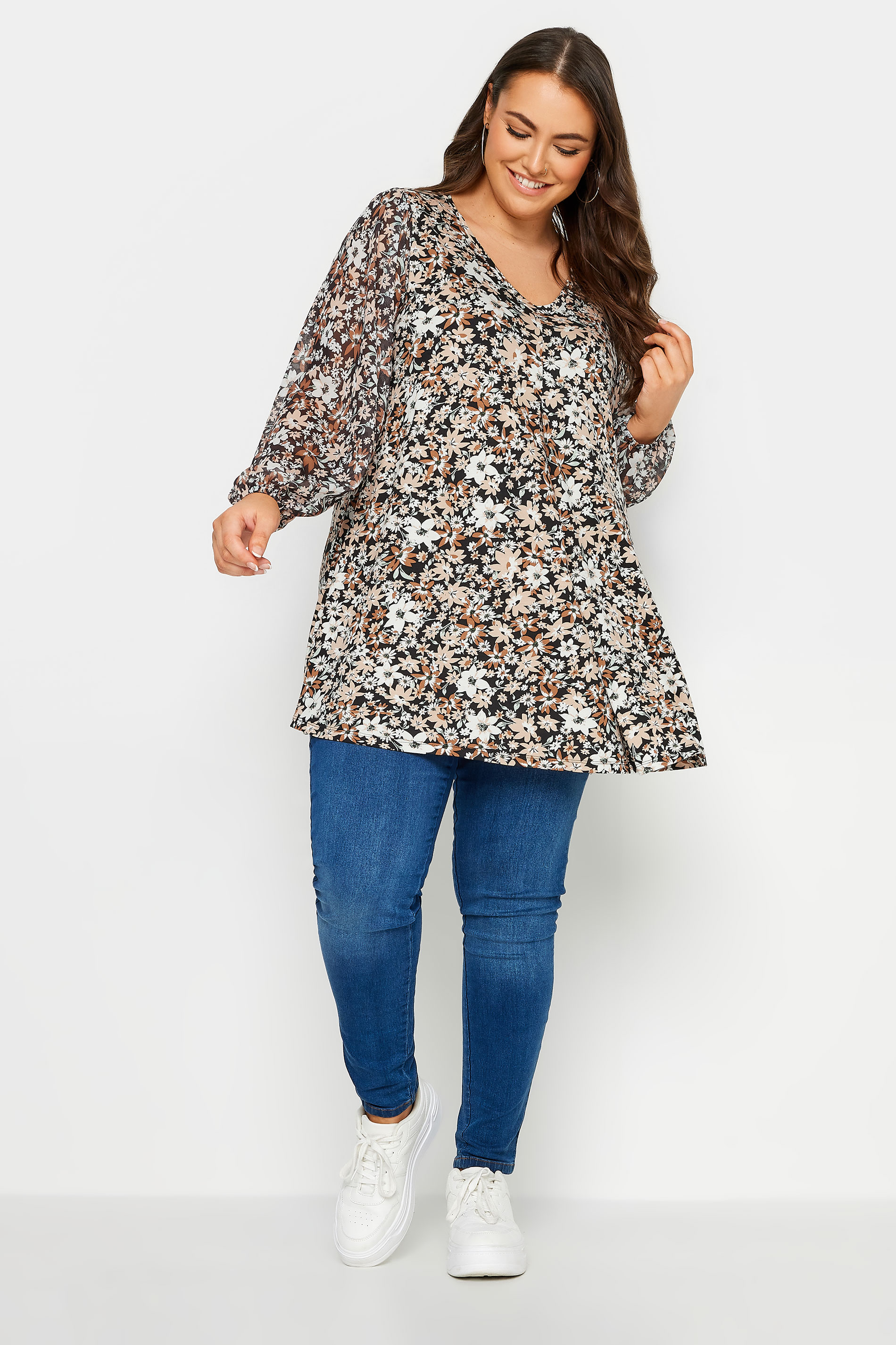 YOURS Plus Size Black Floral Print Mesh Swing Top | Yours Clothing 2