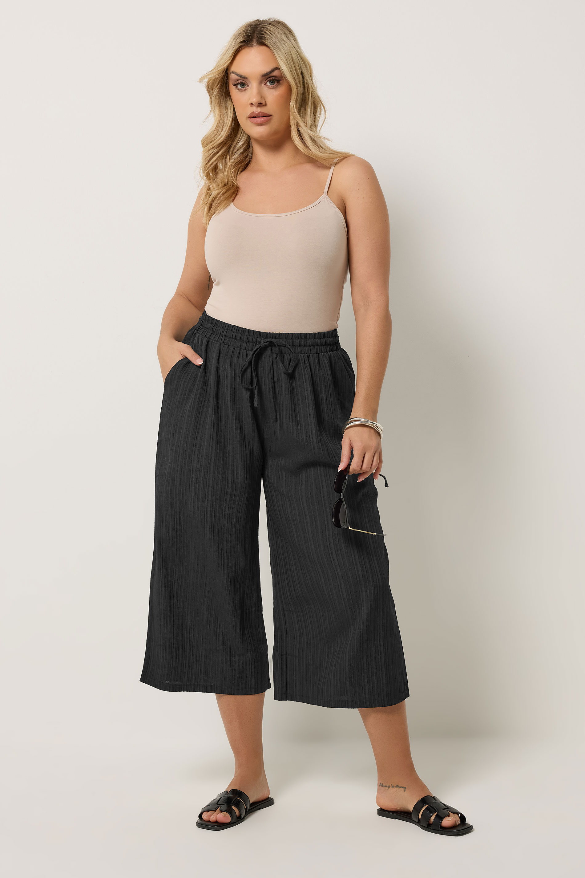 YOURS Plus Size Black Textured Crop Trousers | Yours Clothing 1