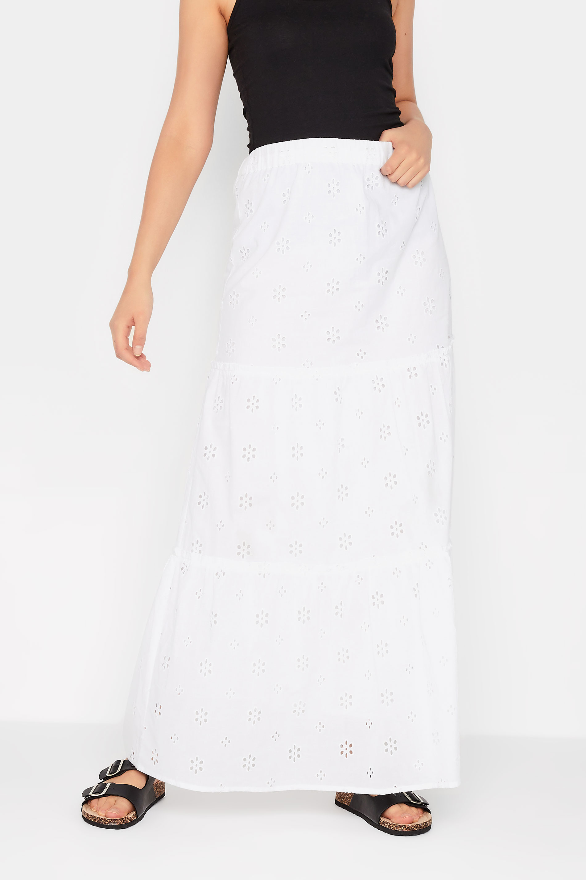 LTS Tall Women's White Broderie Anglaise Tiered Maxi Skirt | Long Tall Sally 1