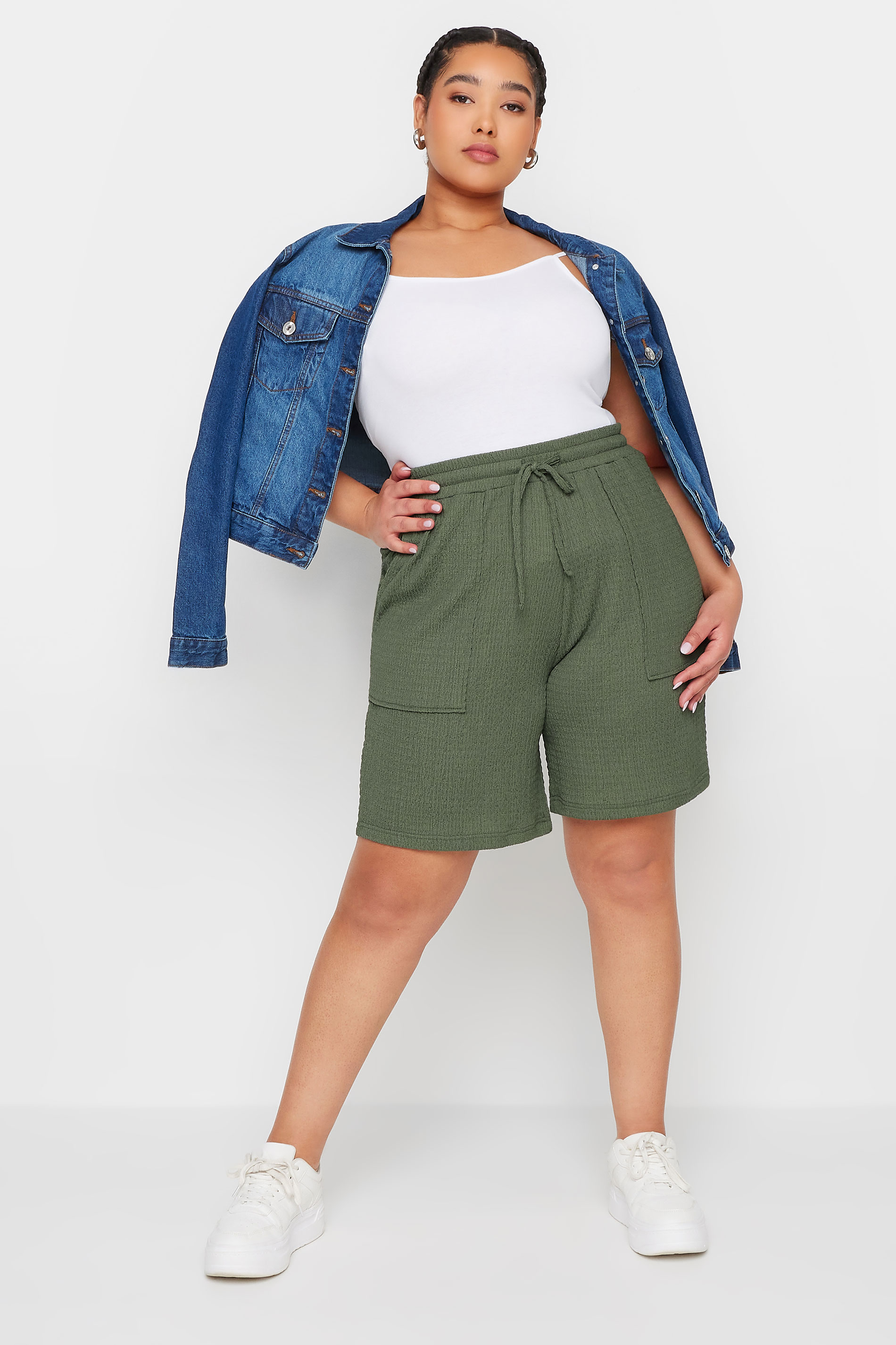 YOURS Plus Size Khaki Green Textured Crinkle Shorts | Yours Clothing 2