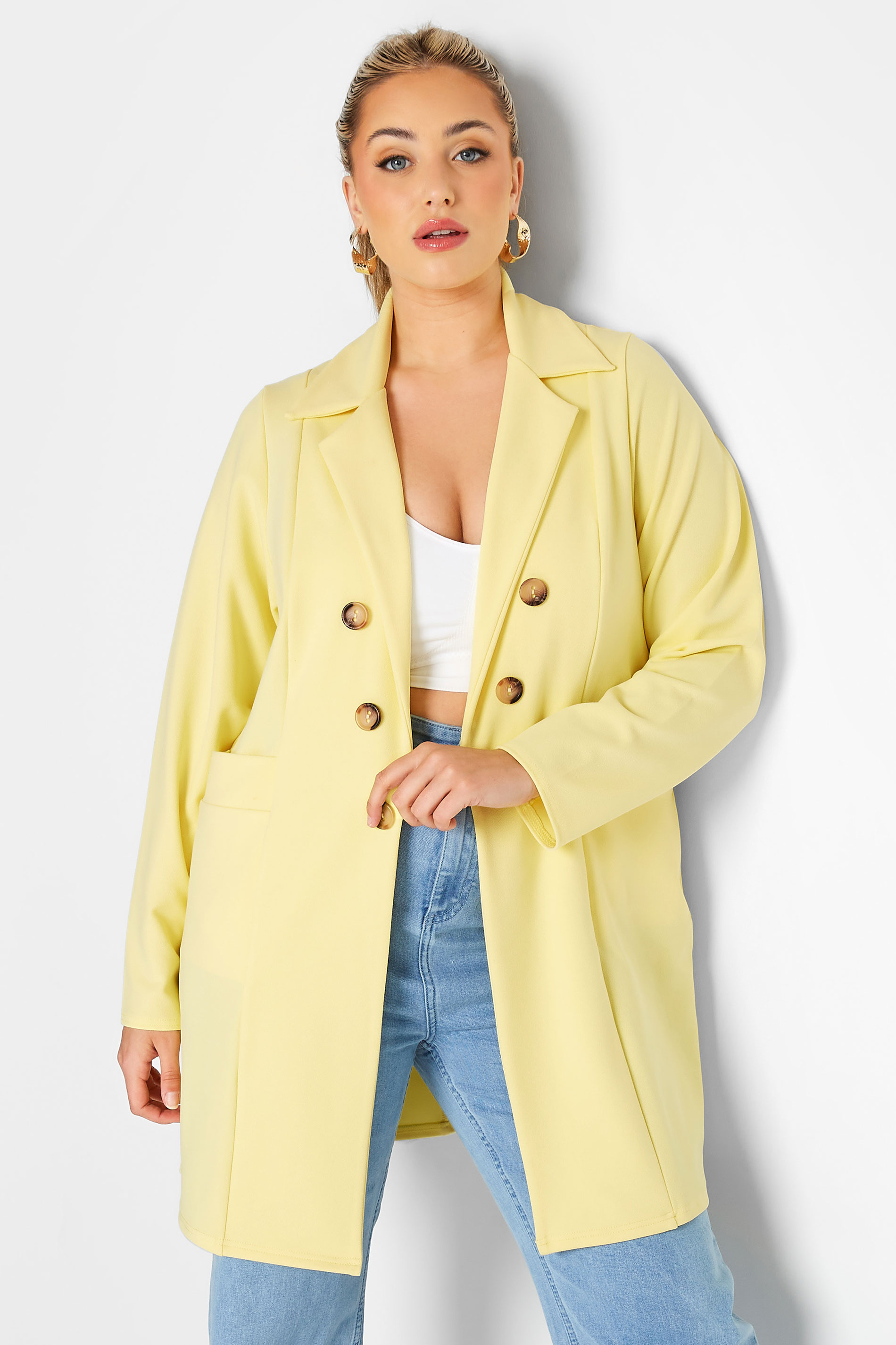 LIMITED COLLECTION Curve Lemon Yellow Button Front Blazer 1