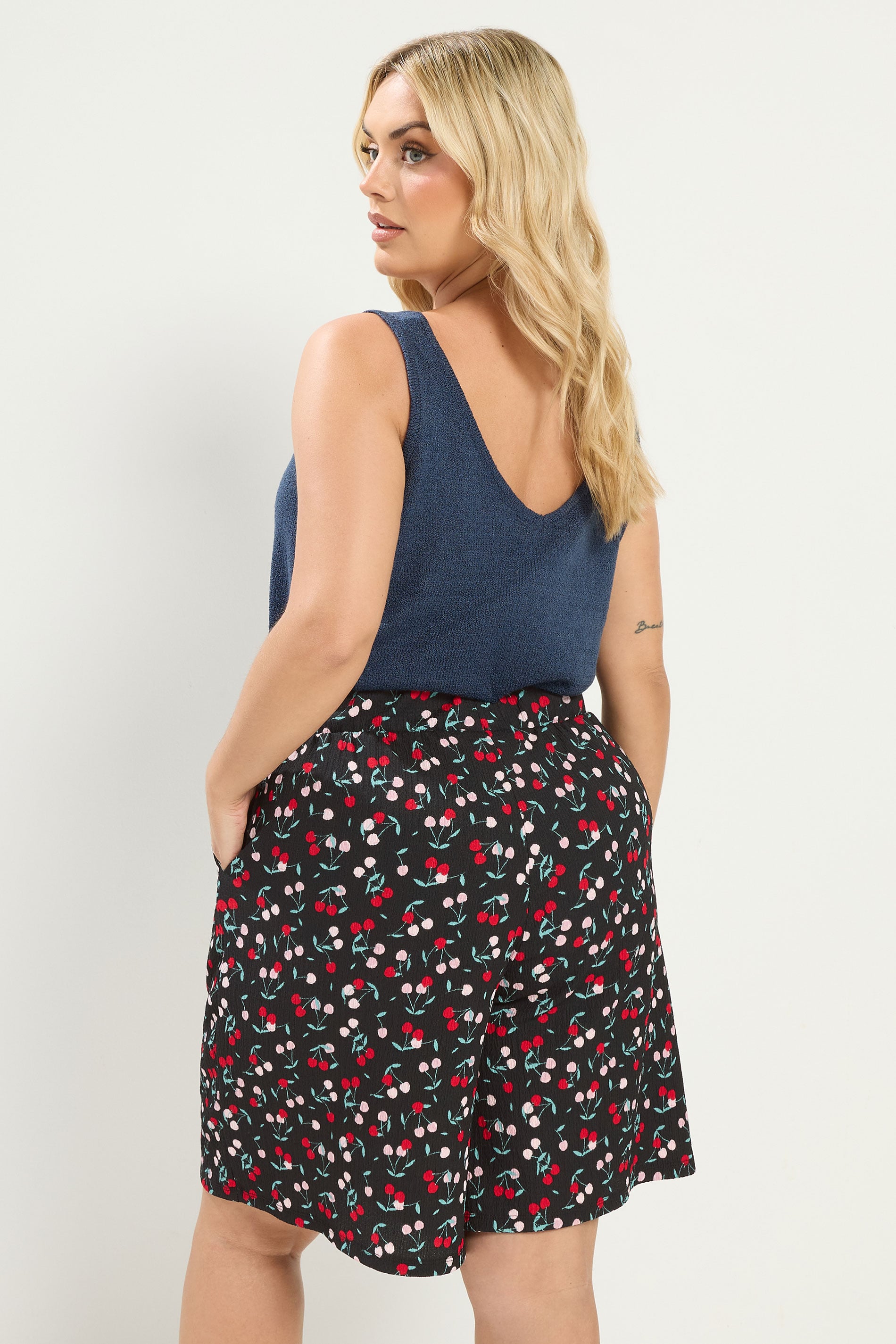 YOURS Plus Size Black Cherry Print Shorts | Yours Clothing 2