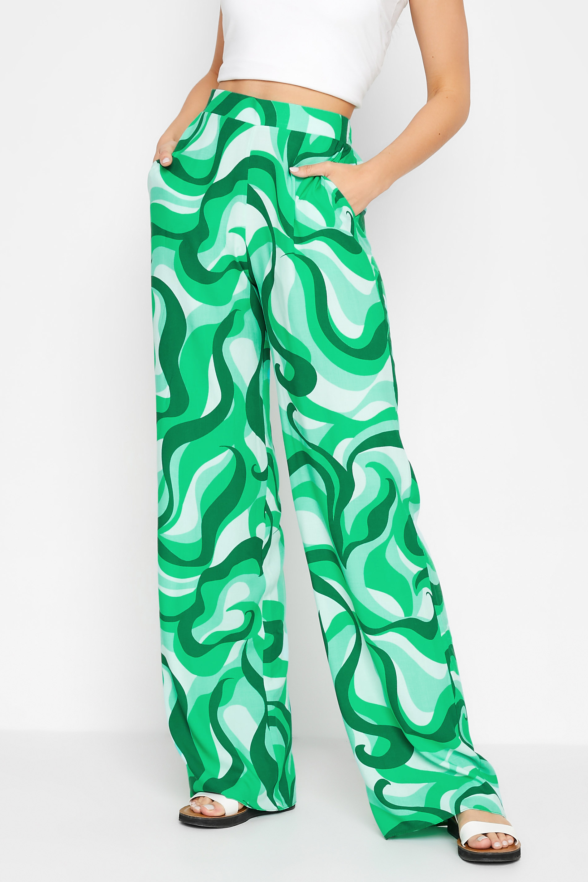 LTS Tall Women's Bright Green Swirl Print Wide Leg Trousers | Long Tall Sally 1