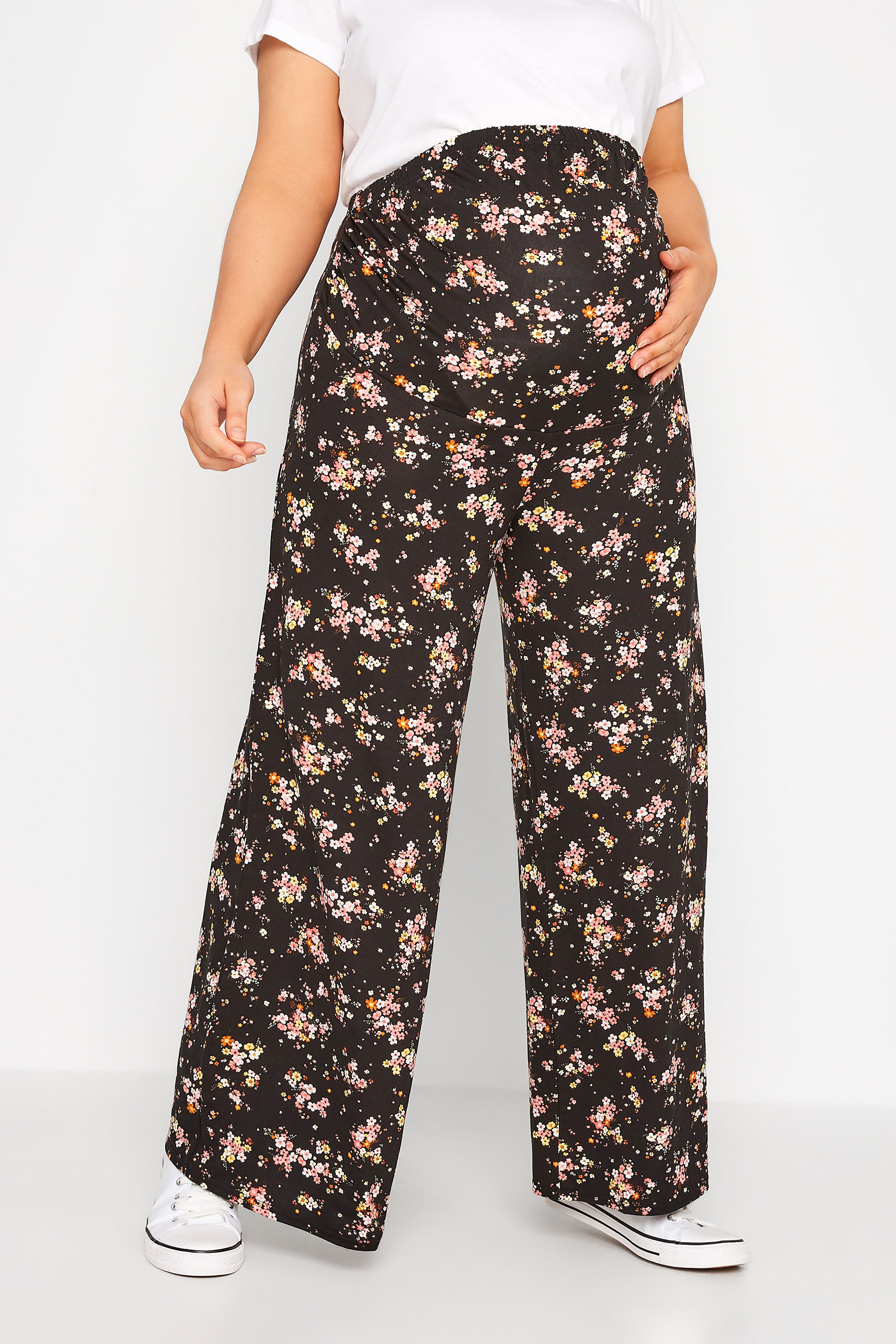 BUMP IT UP MATERNITY Plus Size Black Floral Print Wide Leg Trousers | Yours Clothing 1
